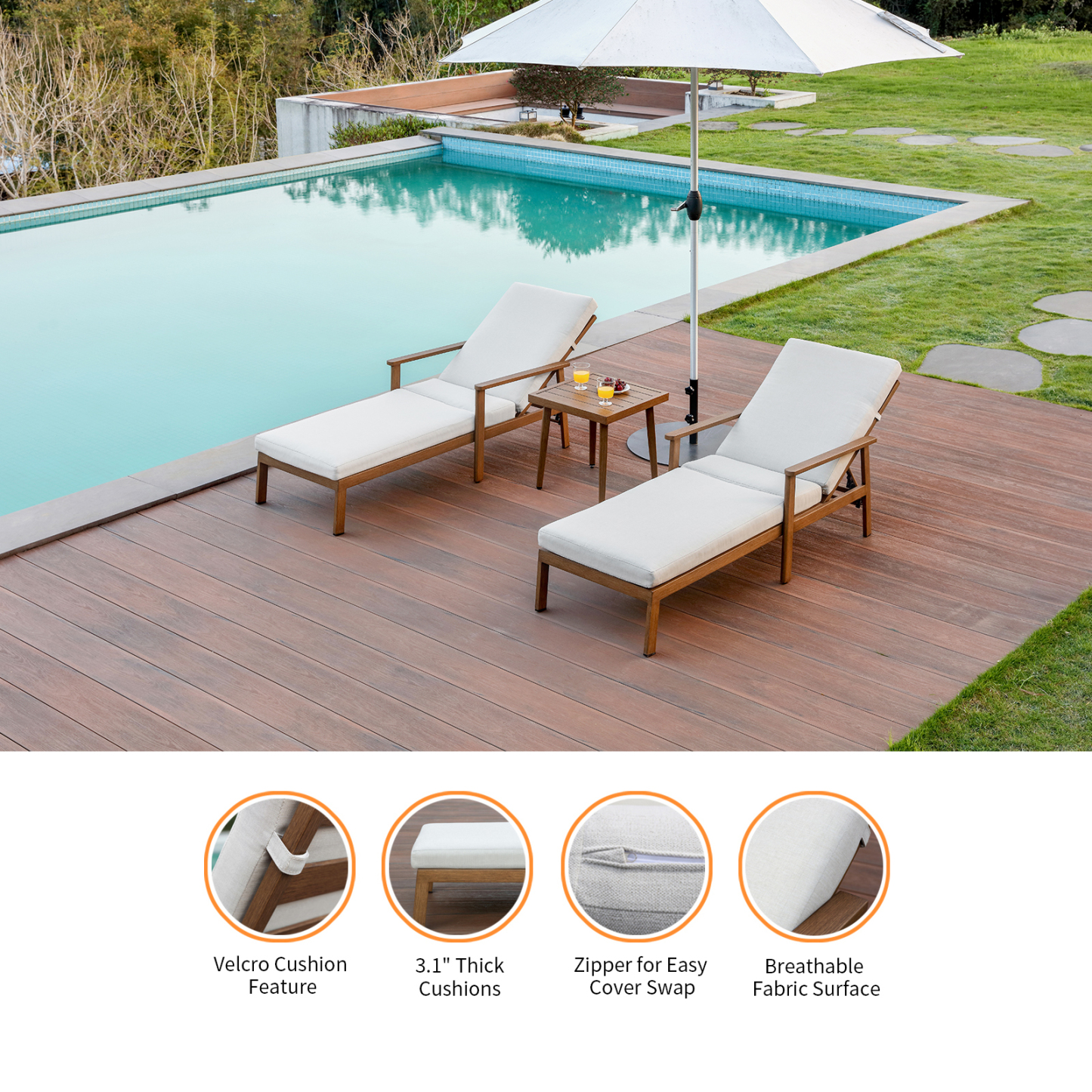 Modern teak lounge chairs with 3.1" thick cushions - Seehill