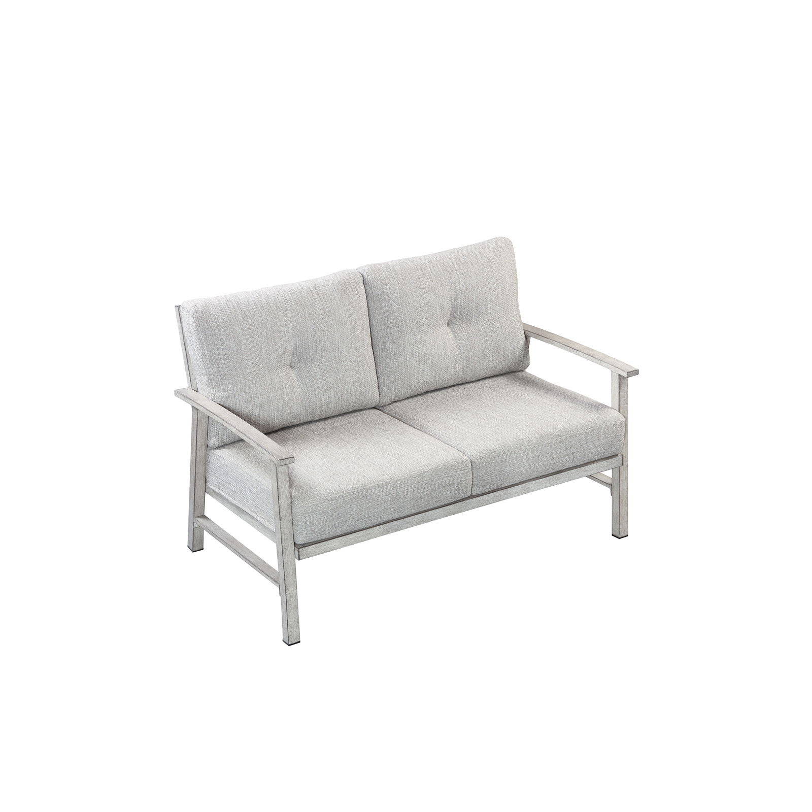 Gray cushioned loveseat sofa with wooden frame designed for outdoor patio seating-Seehill