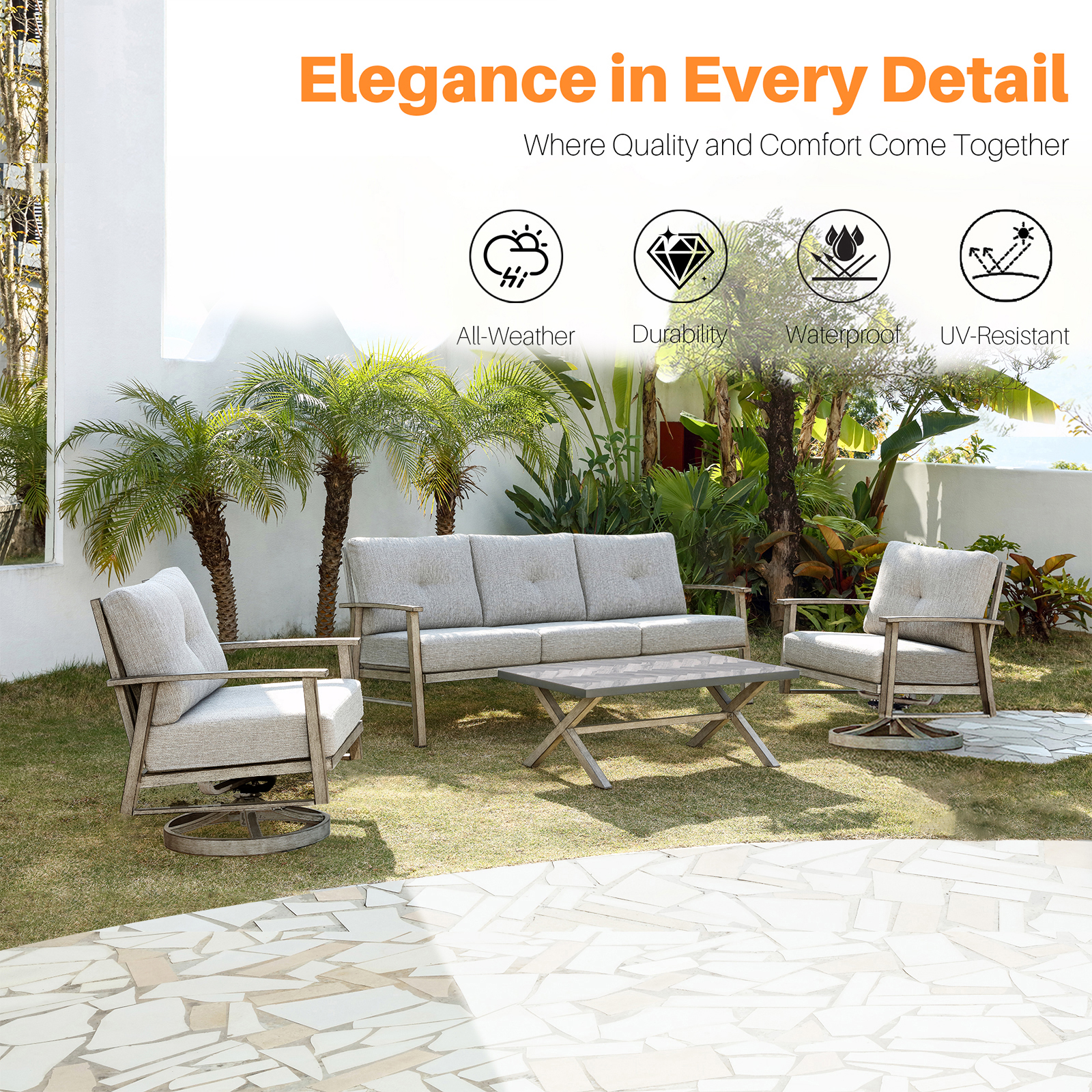 4-piece Modern Outdoor Patio Furniture Set with Swivel Chairs - SS016-1