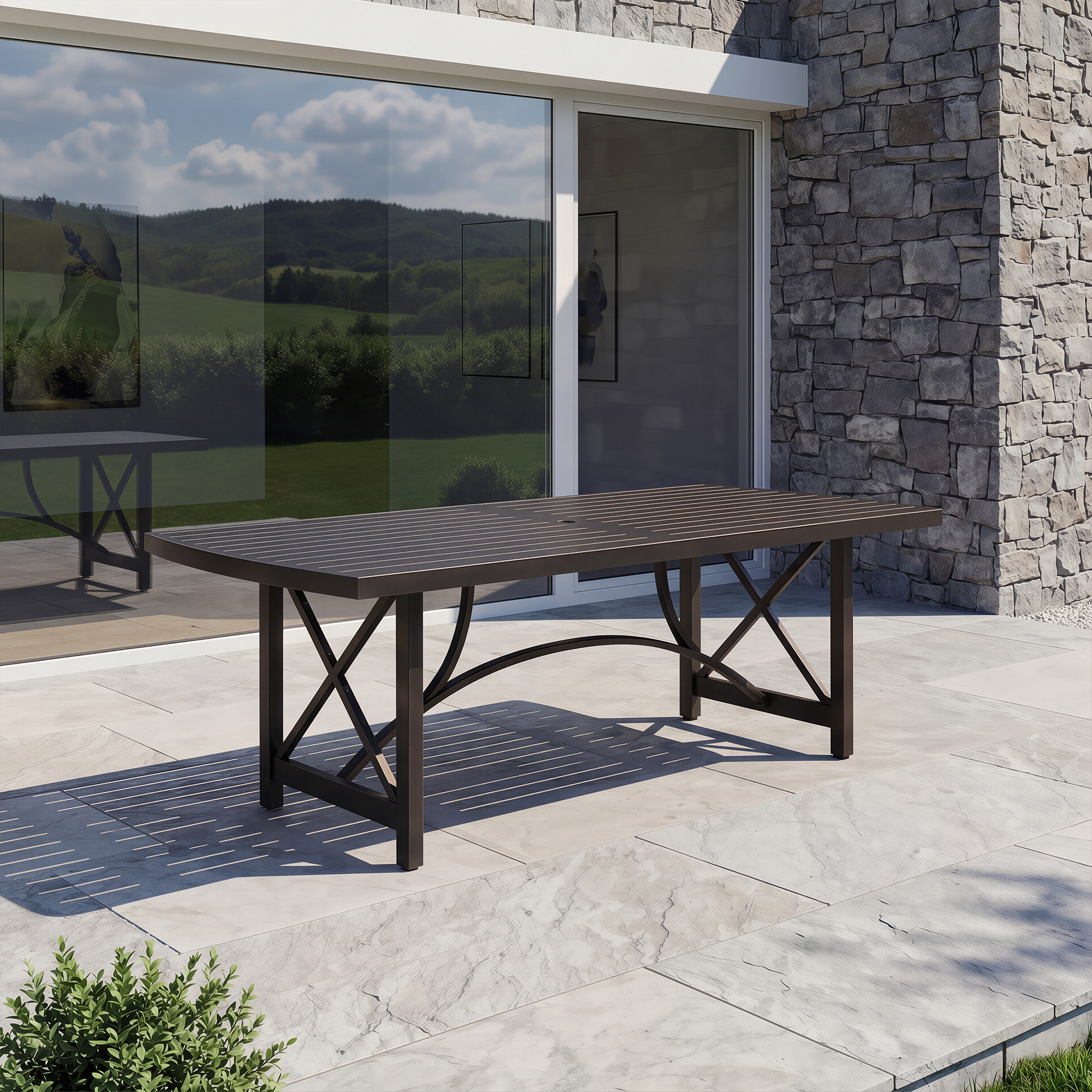 Patio Rectangle Dining Table with Umbrella Hole for 8 person - D027