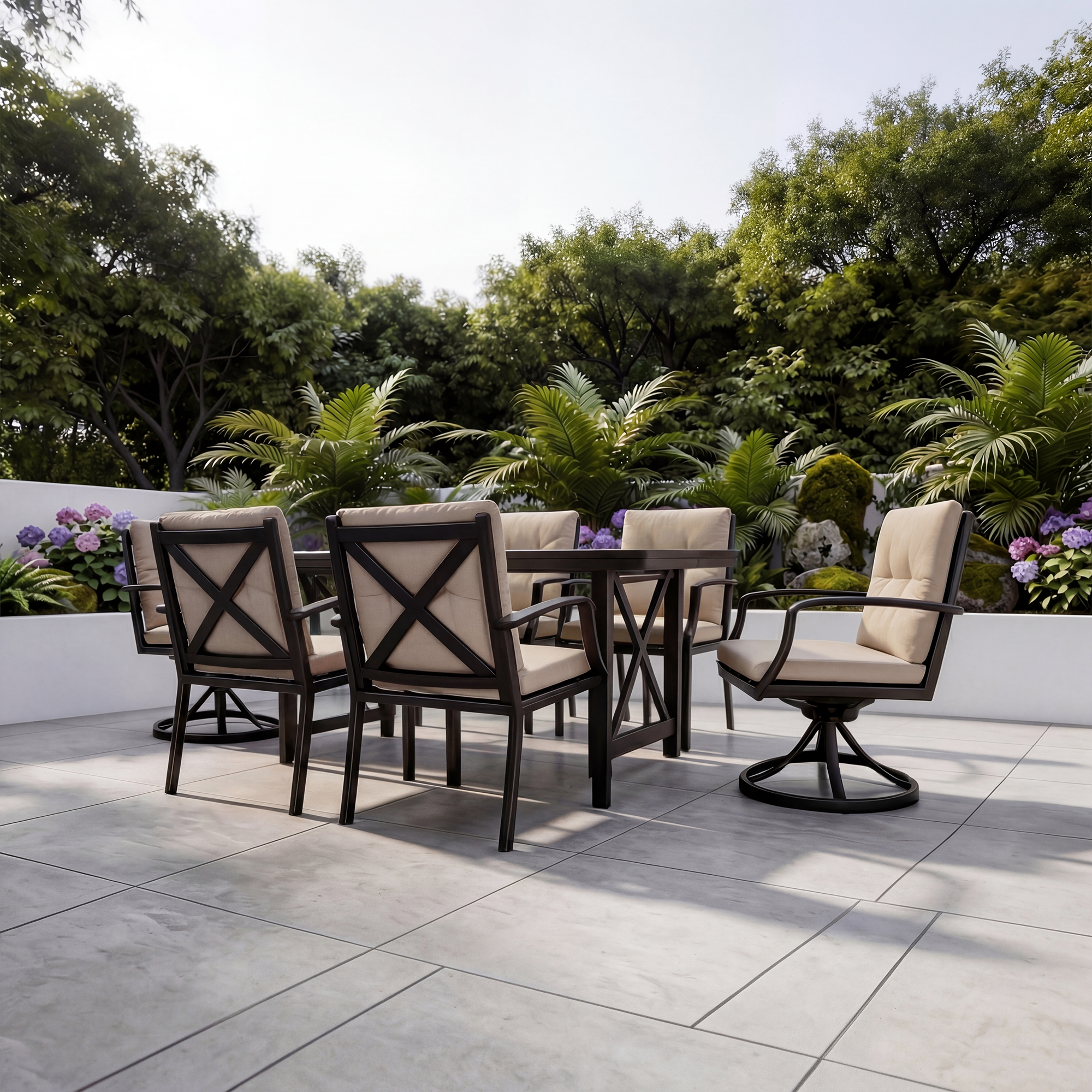 7/9-piece Patio Outdoor Dining Set with Umbrella Hole with 2 Swivel Rocker Chairs - SS028-2