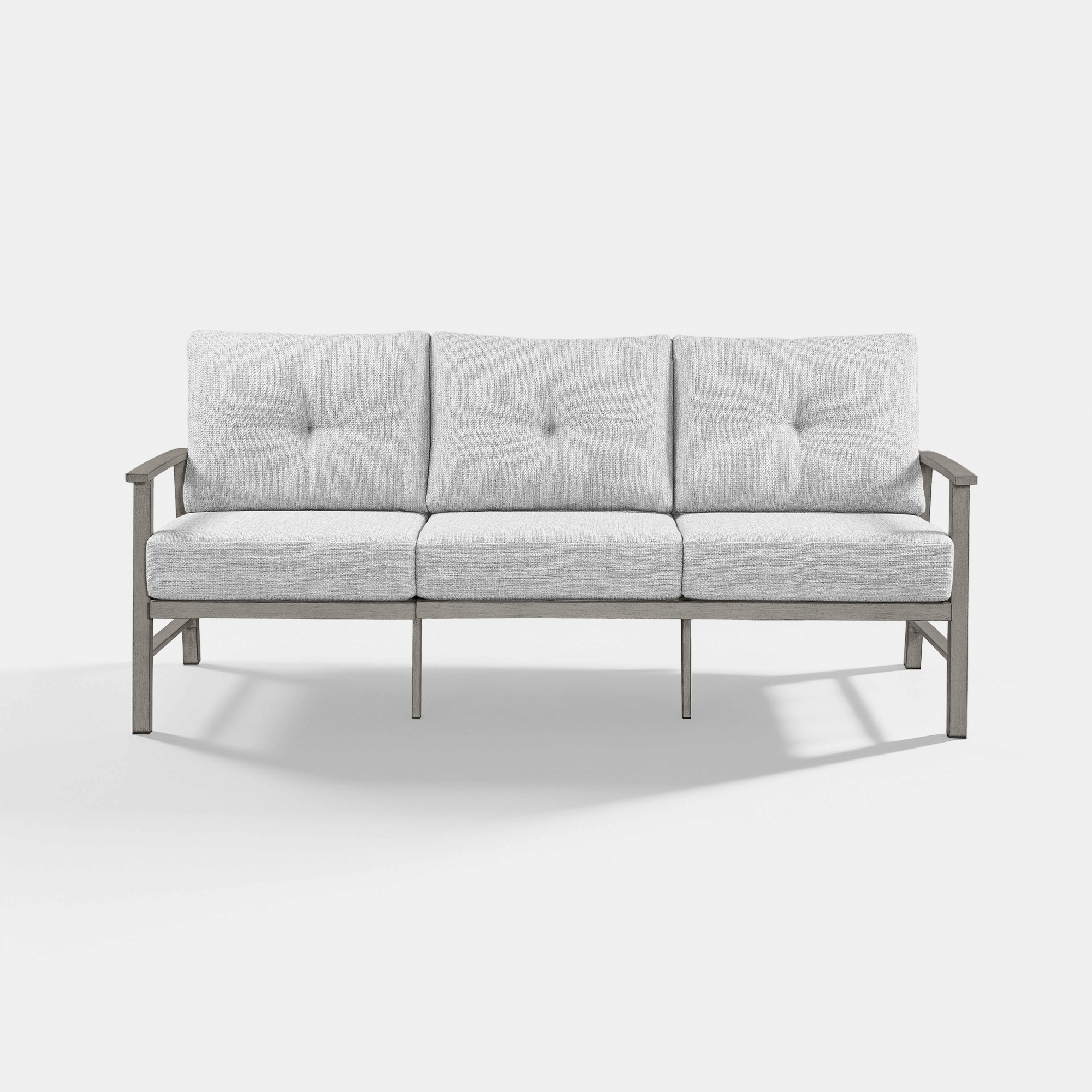 Three seat patio sofa with light gray cushions and metal frame on white background-Seehill