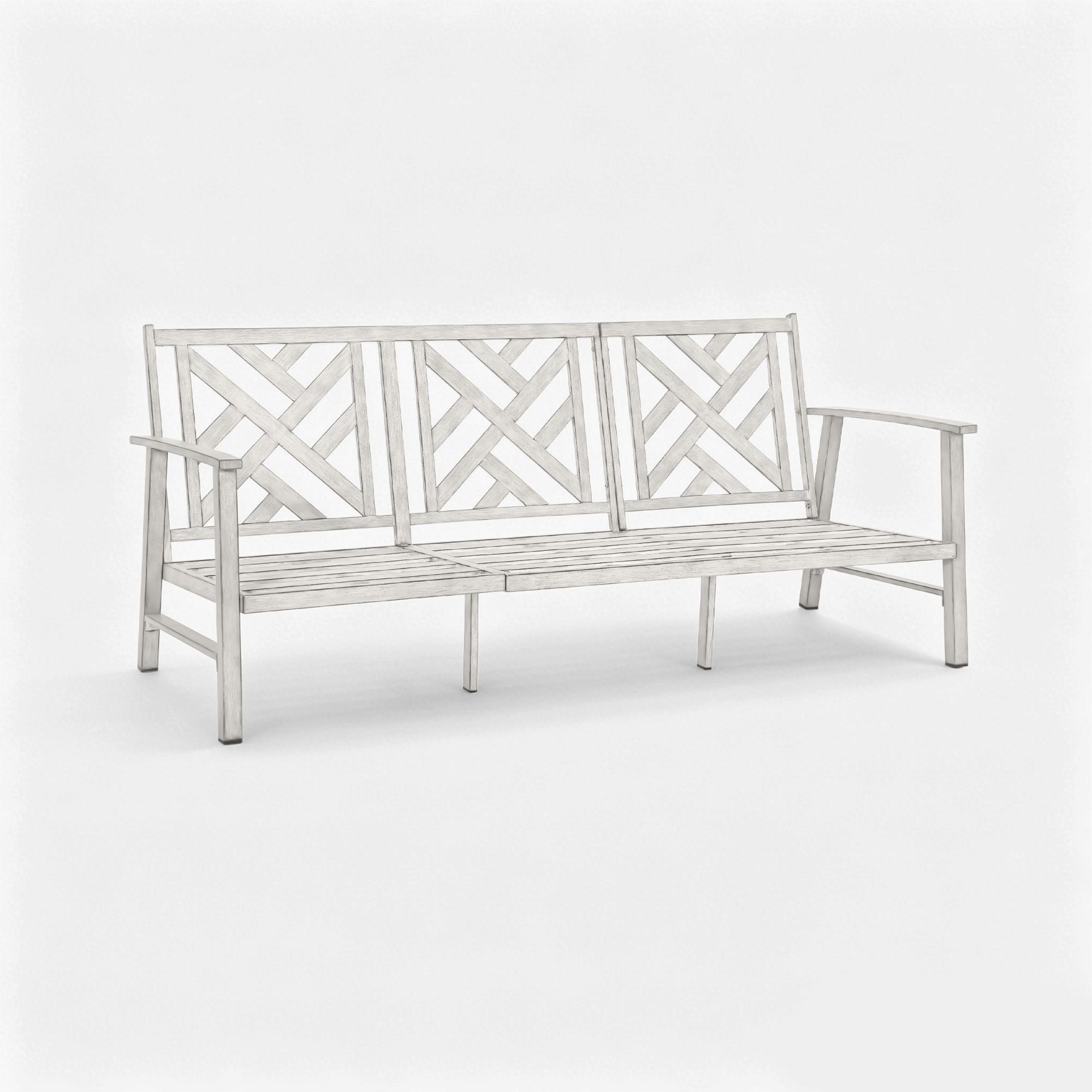 Three seat wooden patio sofa with decorative backrest and armrests on white background-Seehill