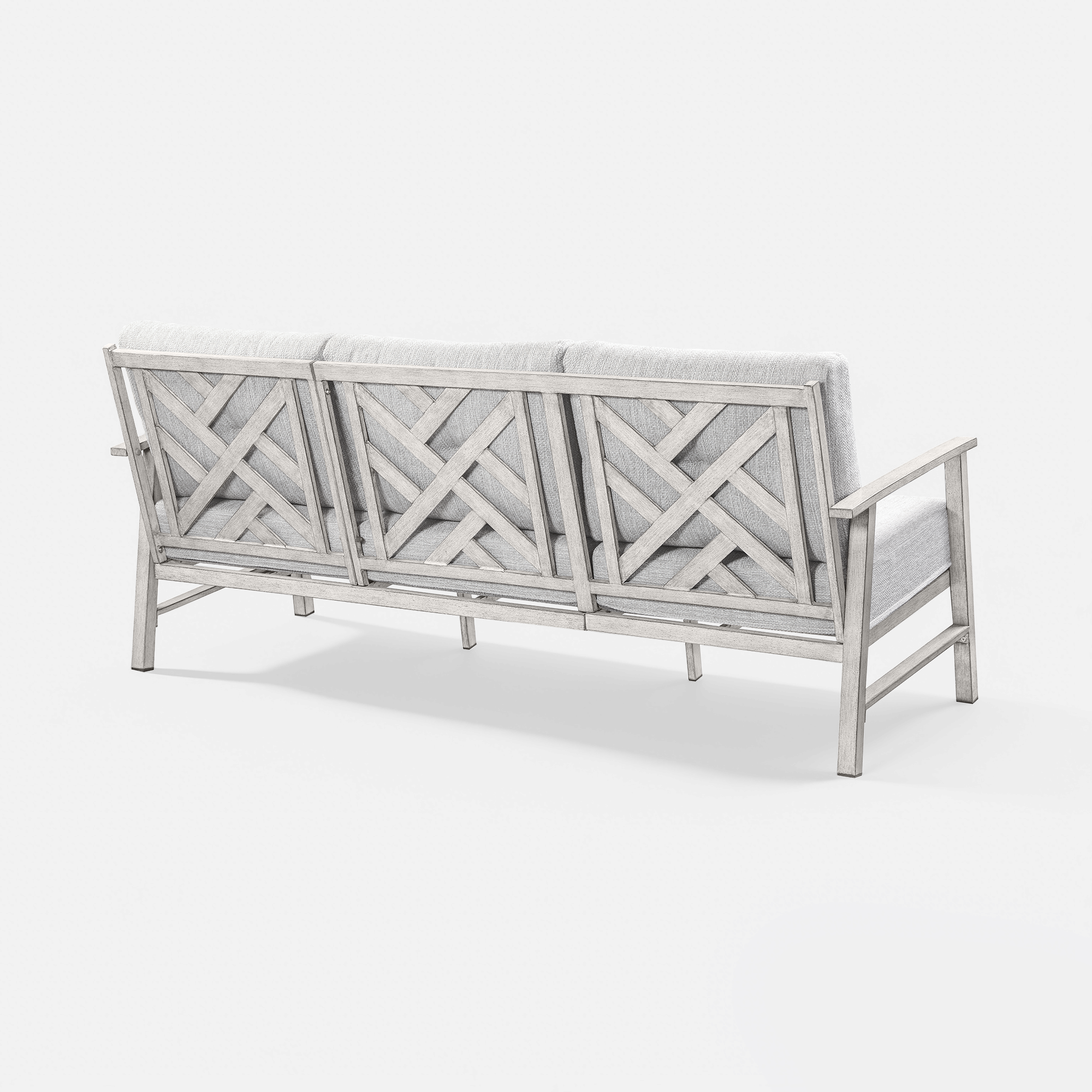 Back view of a three-seat patio sofa with wooden frame and light gray cushions-Seehill