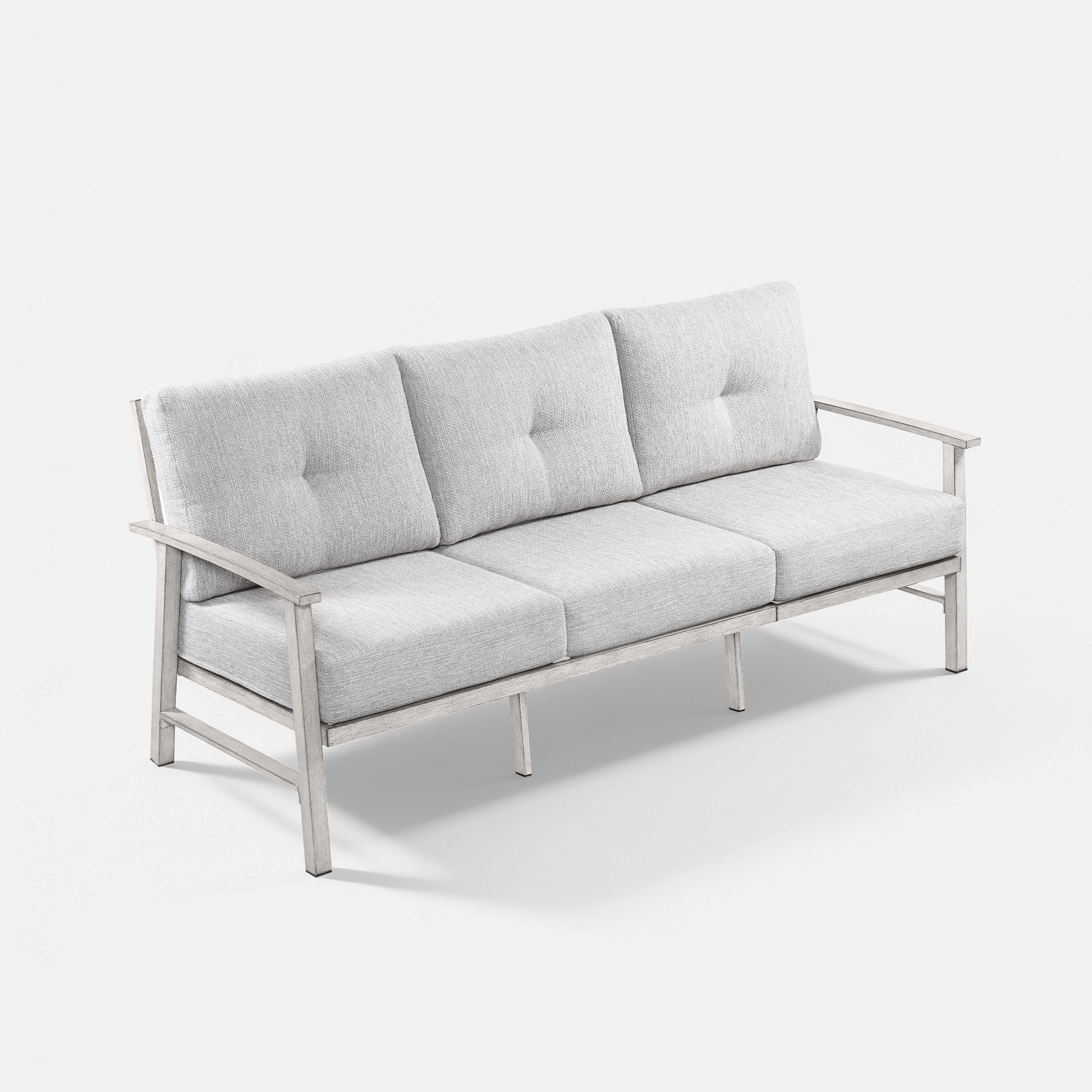 Flax Three seat patio sofa with light gray cushions and wooden frame on white background-Seehill