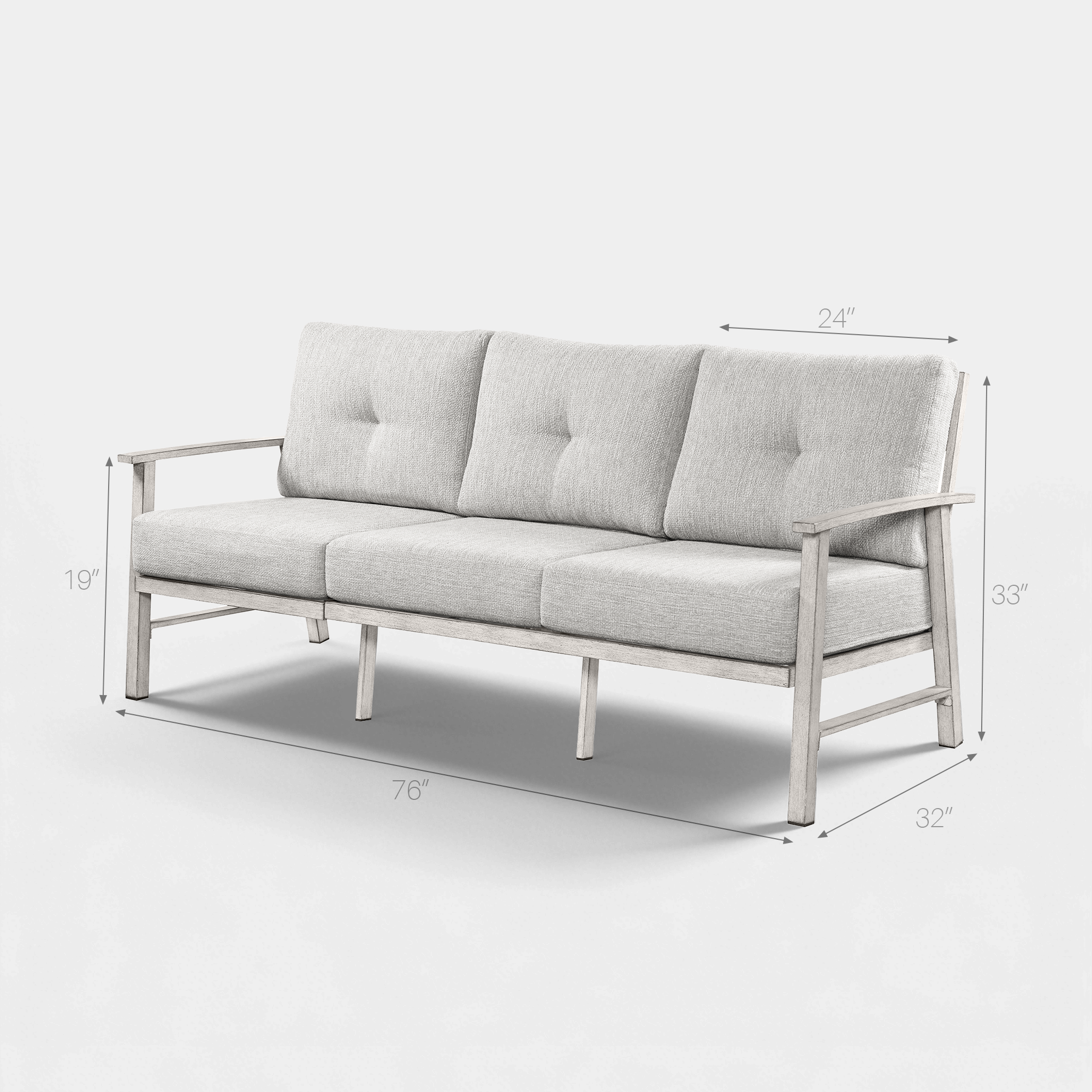 Harbor Three seat patio sofa with light gray cushions and wooden frame on white background-Seehill