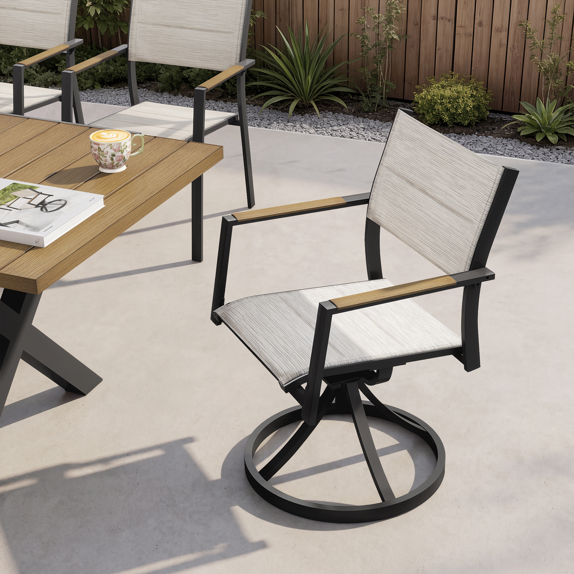 Outdoor dining set with swivel chairs and wood accents on a concrete patio-Seehill