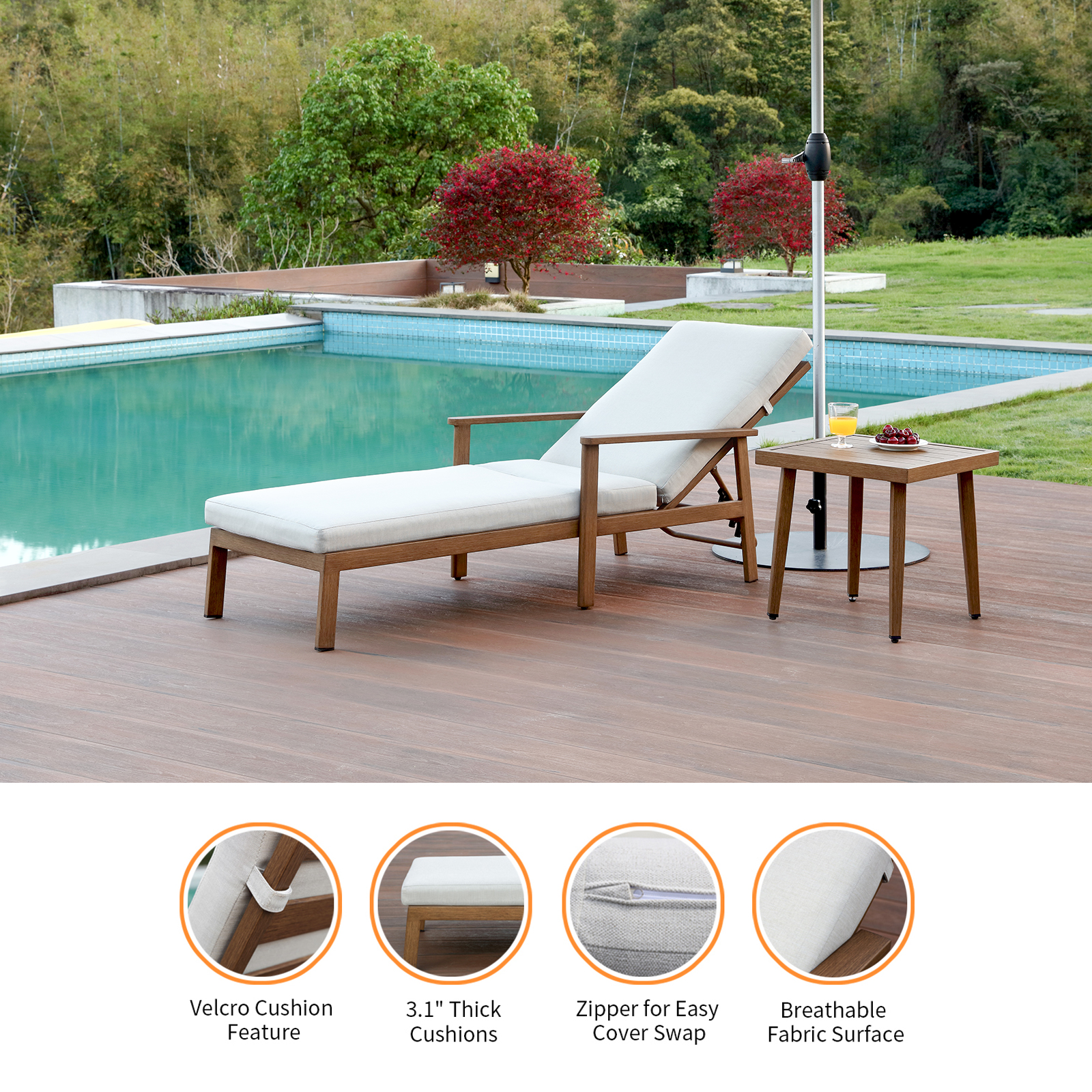 Outdoor wooden lounge chair with thick cushion and side table - Seehill