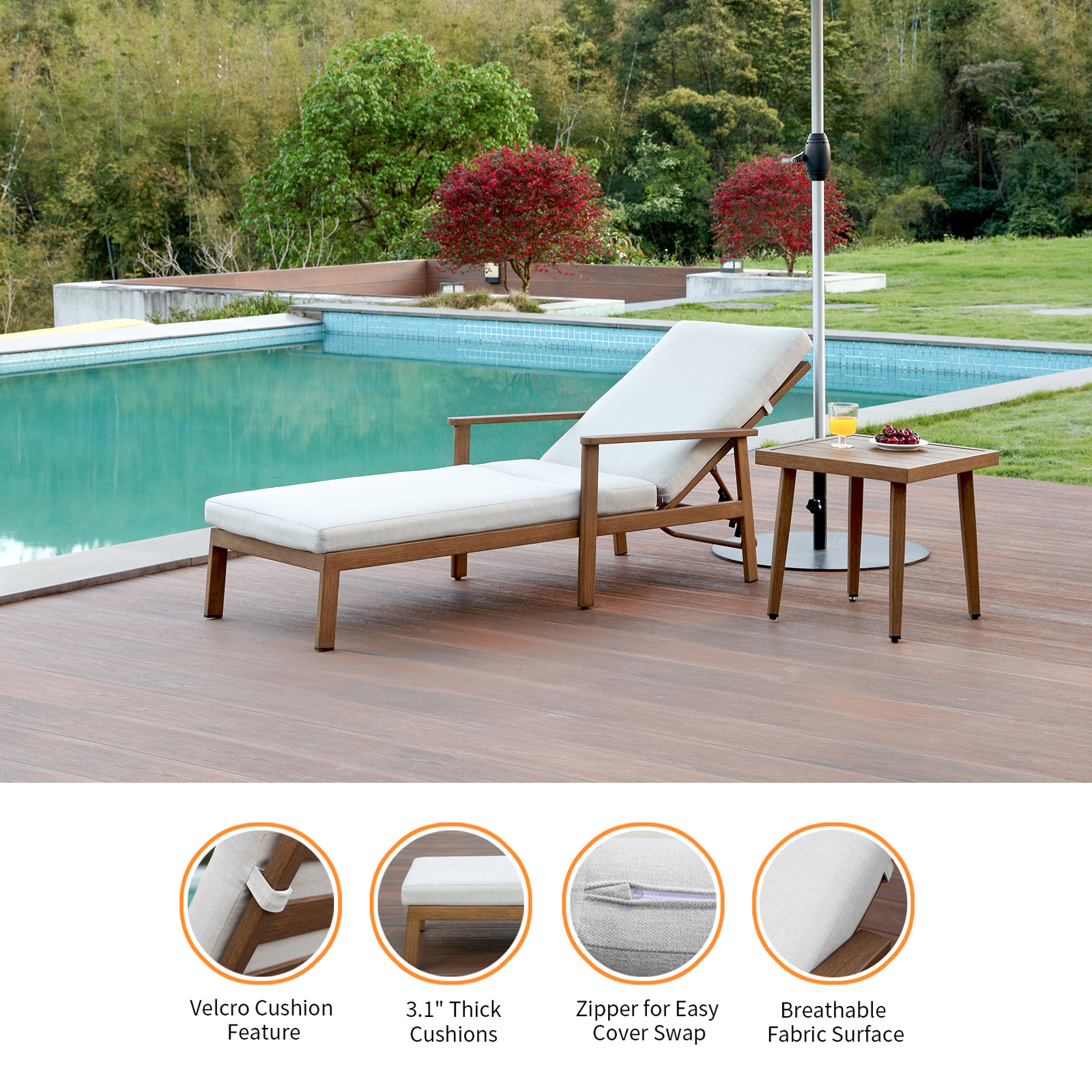 Outdoor wooden lounge chair with thick cushion and side table - Seehill