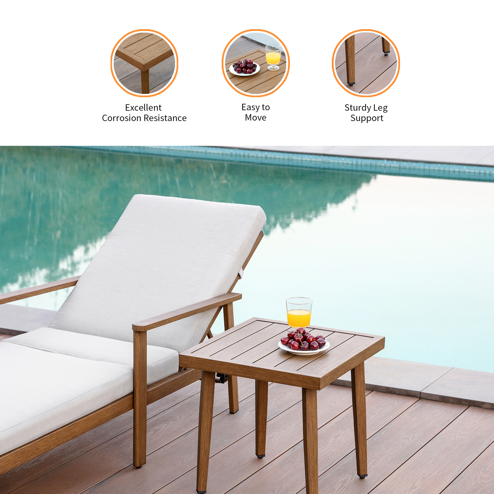 Wooden patio side table with slatted top, sturdy - Seehill