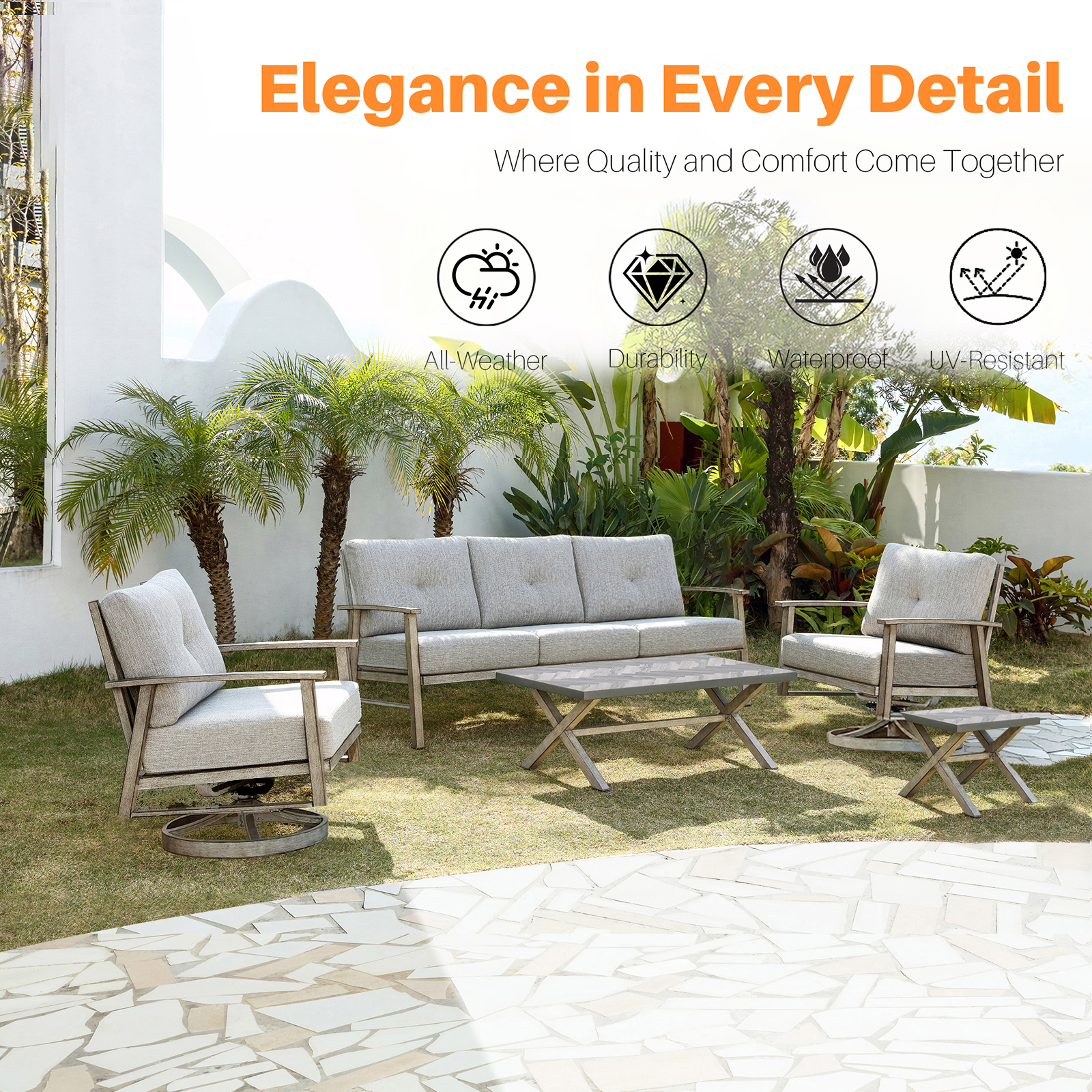 5-piece Modern Outdoor Patio Furniture Set with Swivel Chairs - SS016-2