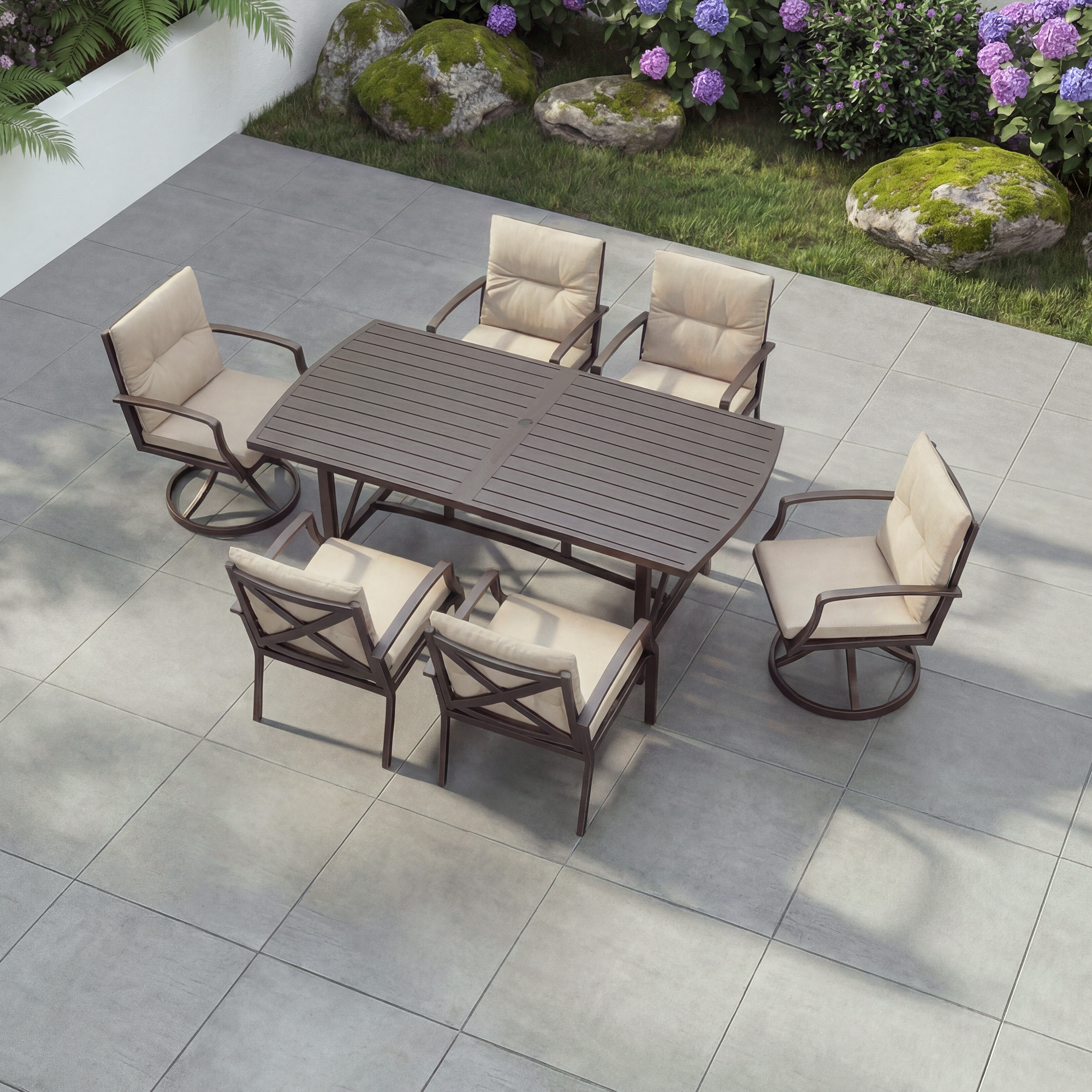 7/9-piece Patio Outdoor Dining Set with Umbrella Hole with 2 Swivel Rocker Chairs - SS028-2