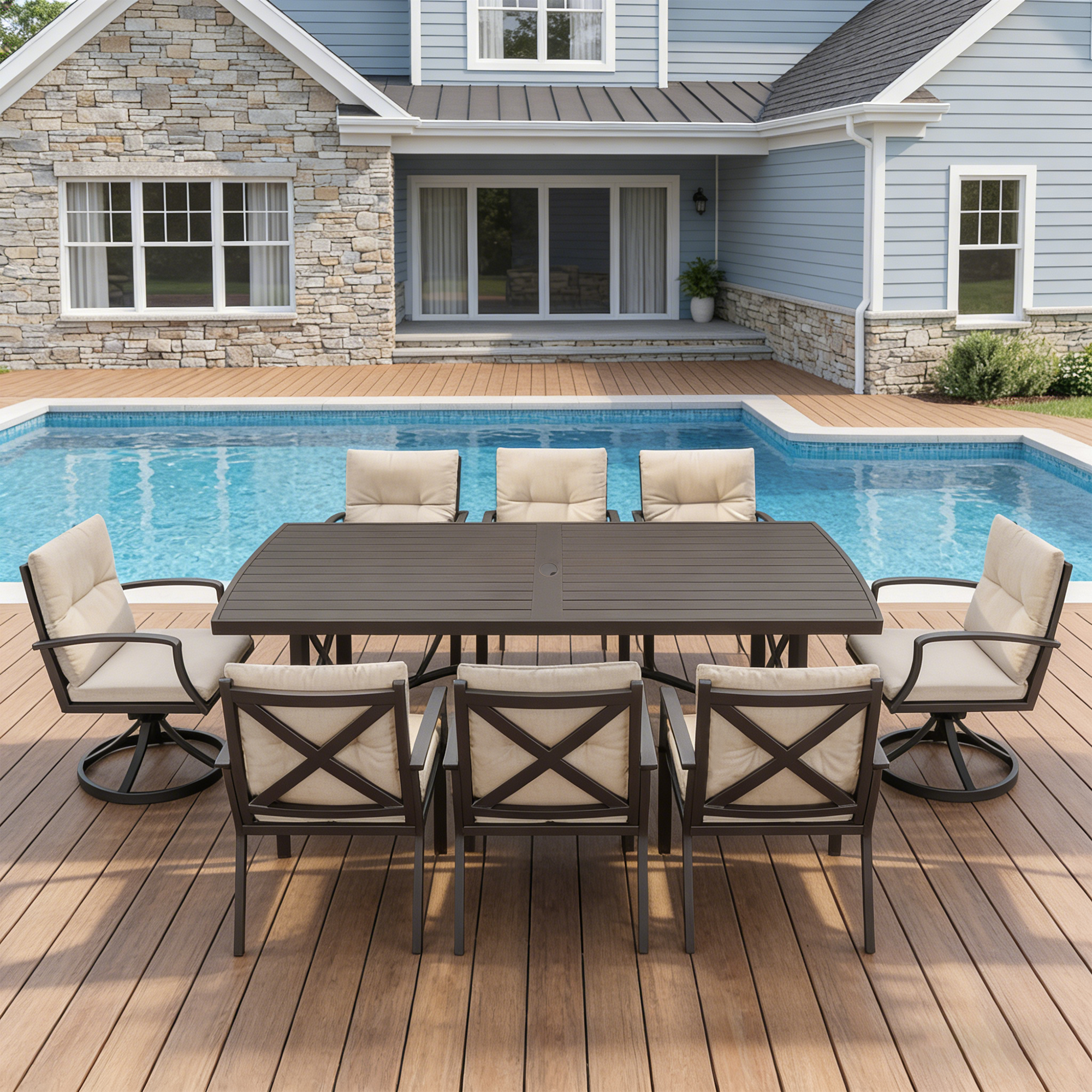 7/9-piece Patio Outdoor Dining Set with Umbrella Hole with 2 Swivel Rocker Chairs - SS028-2