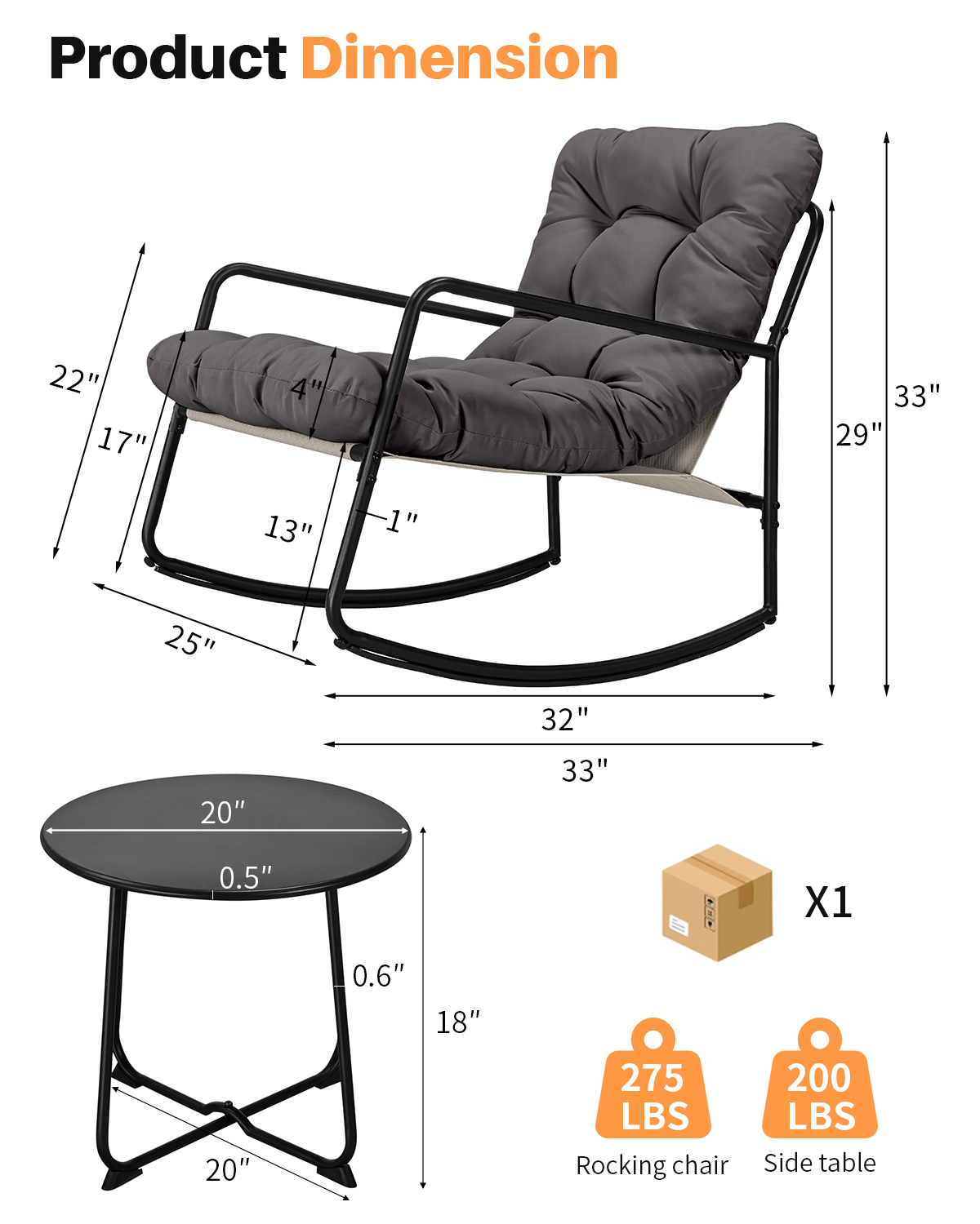 2-Piece Metal Comfy Modern Patio Rocking Chair Set with Side Table - C032-2