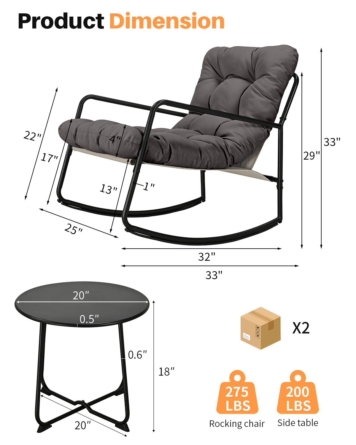 3-Piece Metal Comfy Modern Patio Rocking Chair Set - C032-3