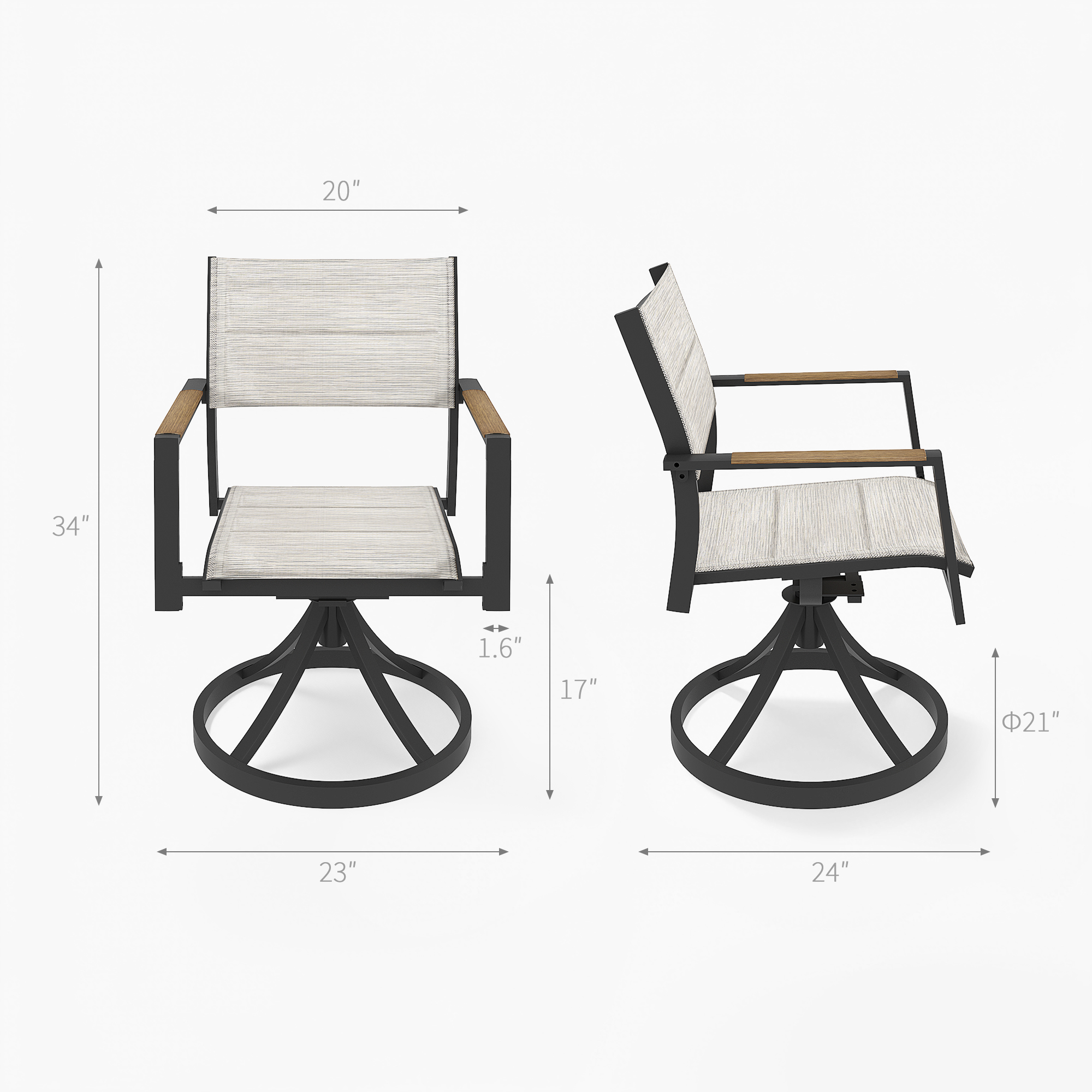 Swivel outdoor dining chair with metal frame and light fabric seat and backrest-Seehill