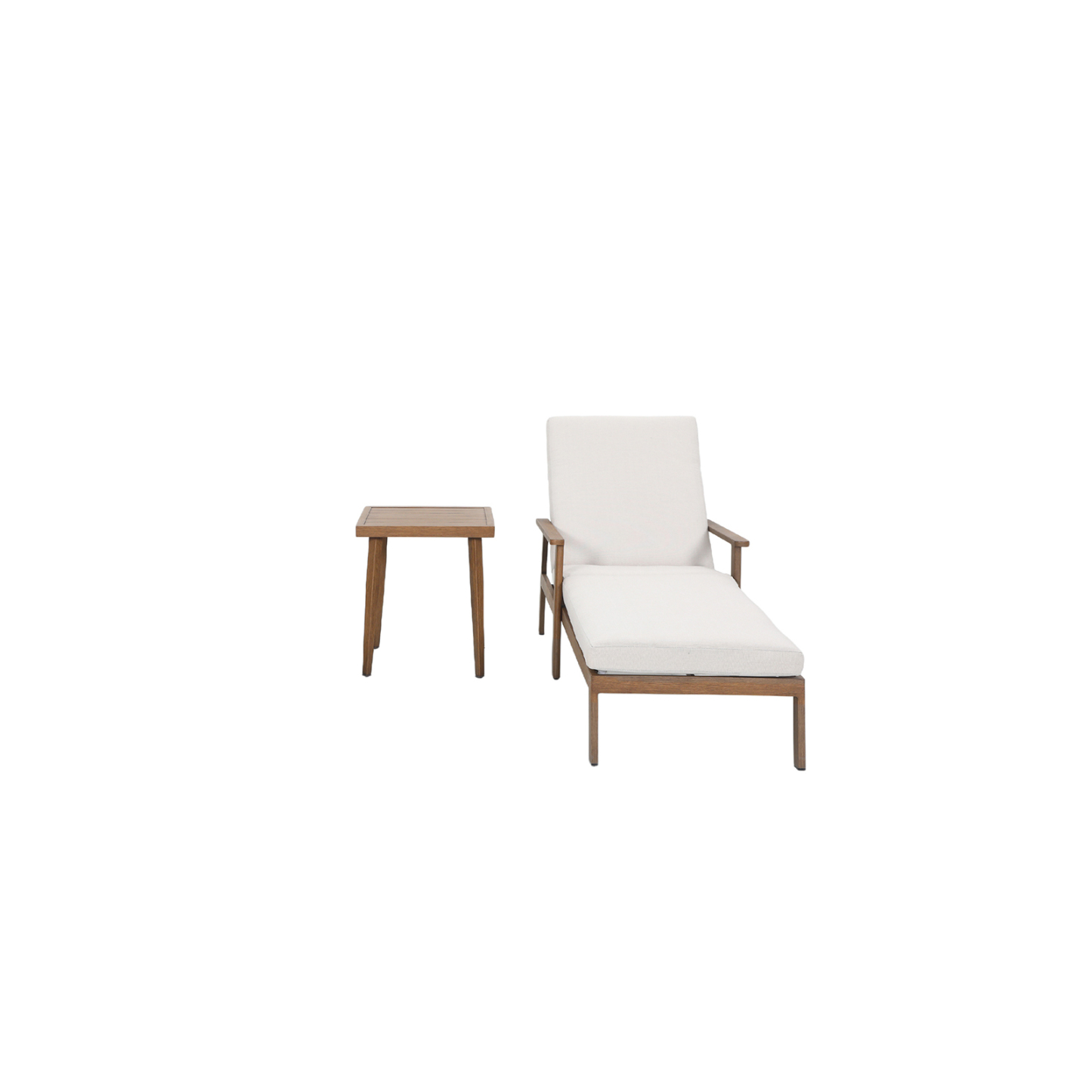 Wooden outdoor chaise lounge with white cushion and side table - Seehill