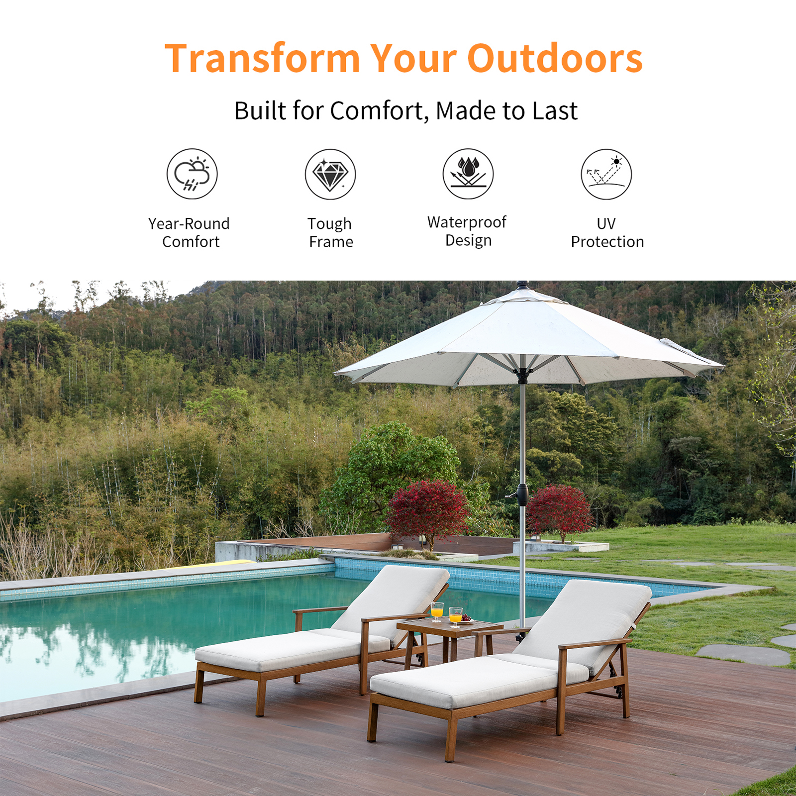 Outdoor lounge chairs with umbrella, waterproof and UV protection - Seehill
