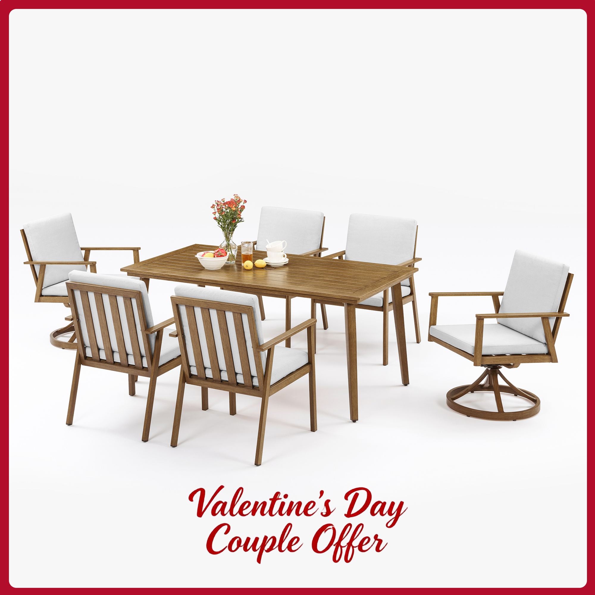 Modern teak outdoor dining set with 6 chairs, white cushions - Seehill