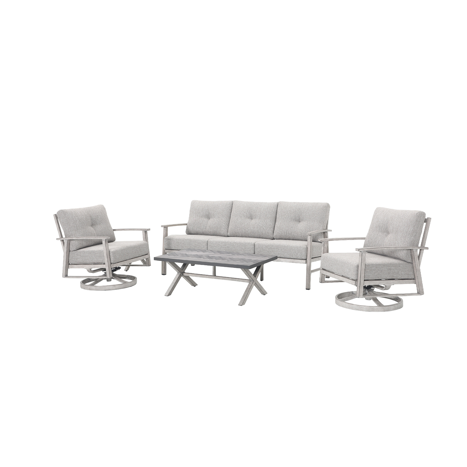 Modern outdoor patio furniture set with swivel chairs and cushioned sofa in gray-Seehill