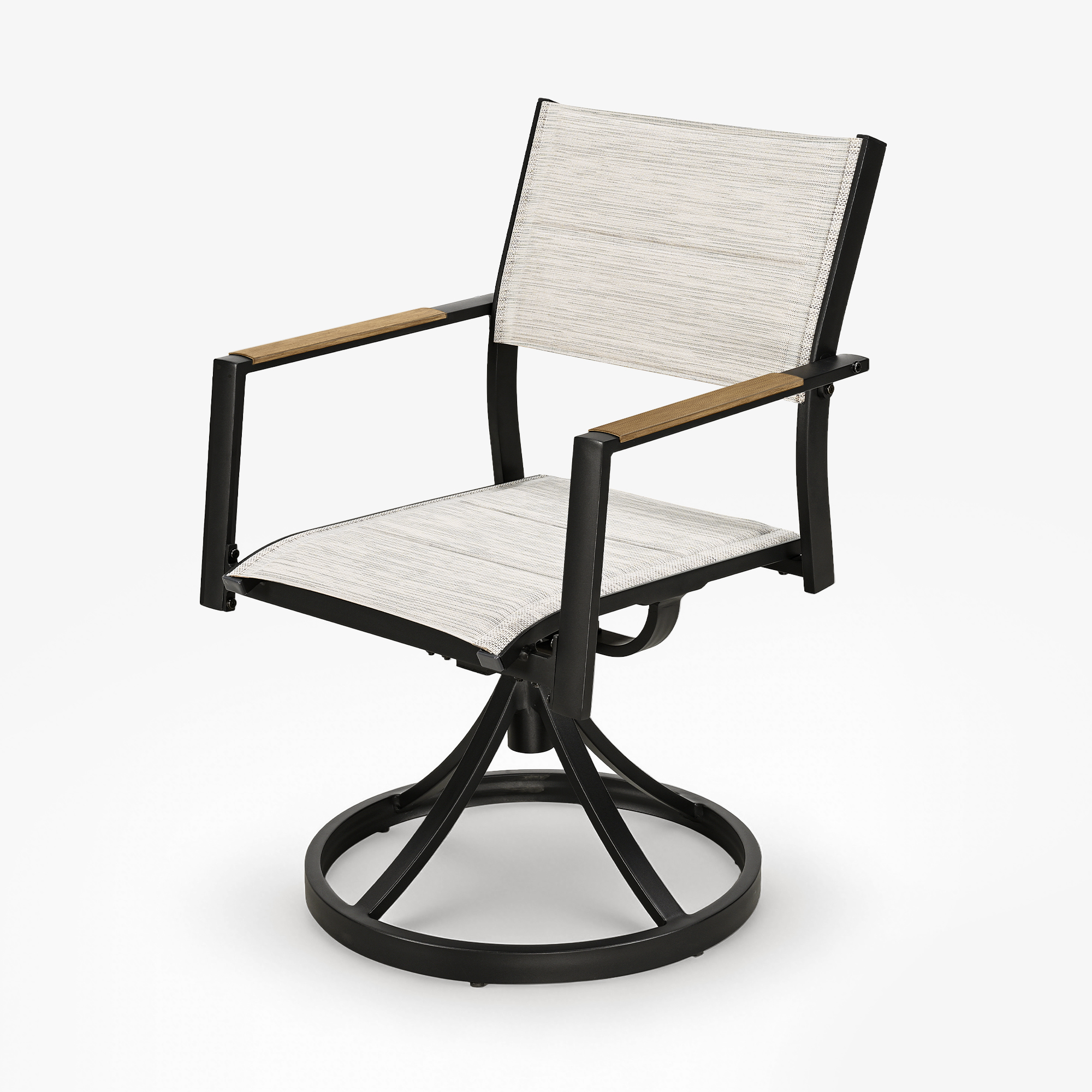 Outdoor swivel dining chair with black metal frame and light fabric seat and back-Seehill