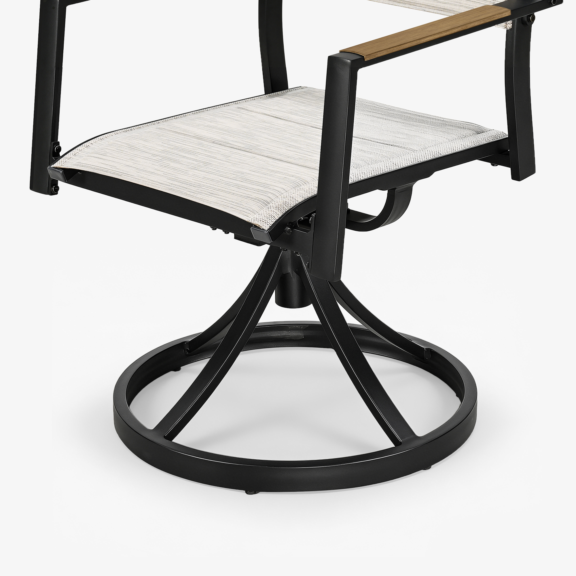 Close-up of a swivel outdoor dining chair with black metal base and light fabric seat-Seehill
