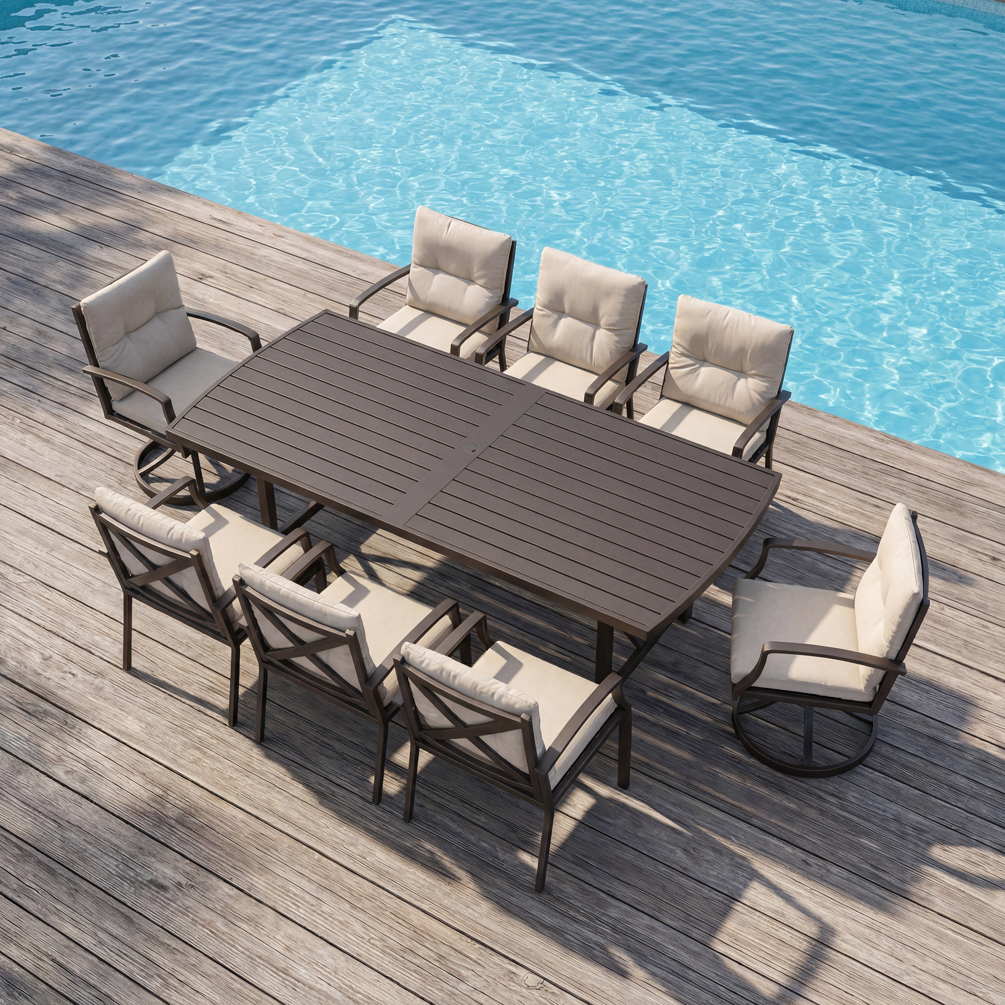 7/9-piece Patio Outdoor Dining Set with Umbrella Hole with 2 Swivel Rocker Chairs - SS028-2