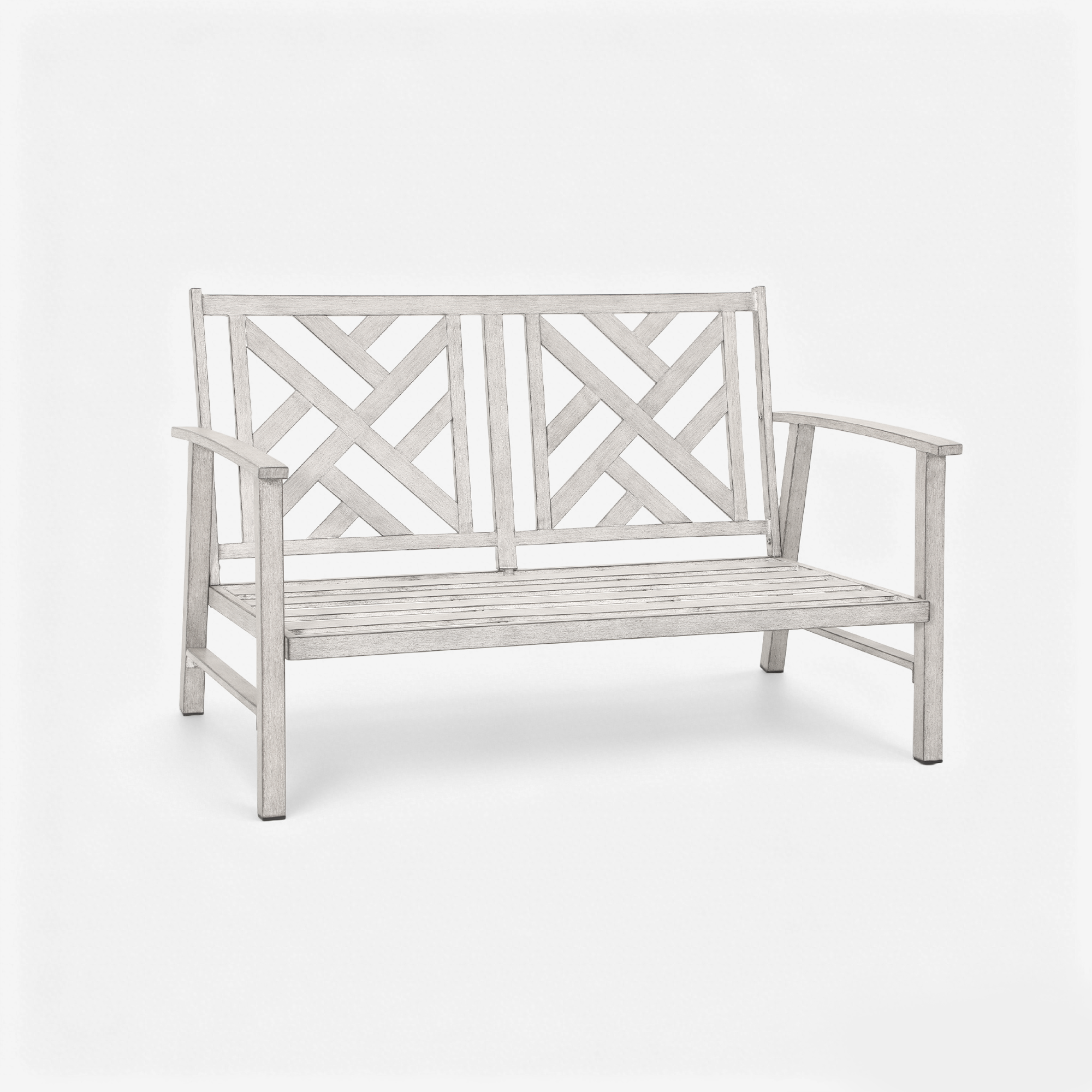 Wooden patio loveseat sofa with decorative backrest and armrests on white background-Seehill