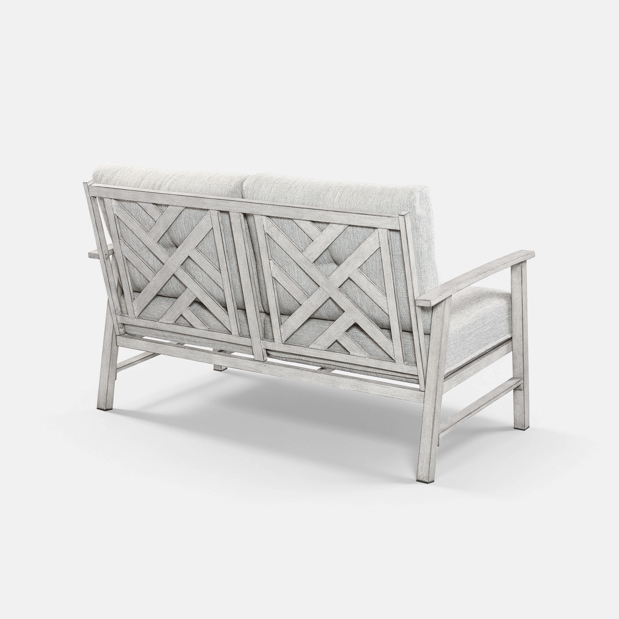 Back view of a wooden patio loveseat sofa with light cushions on a white background-Seehill