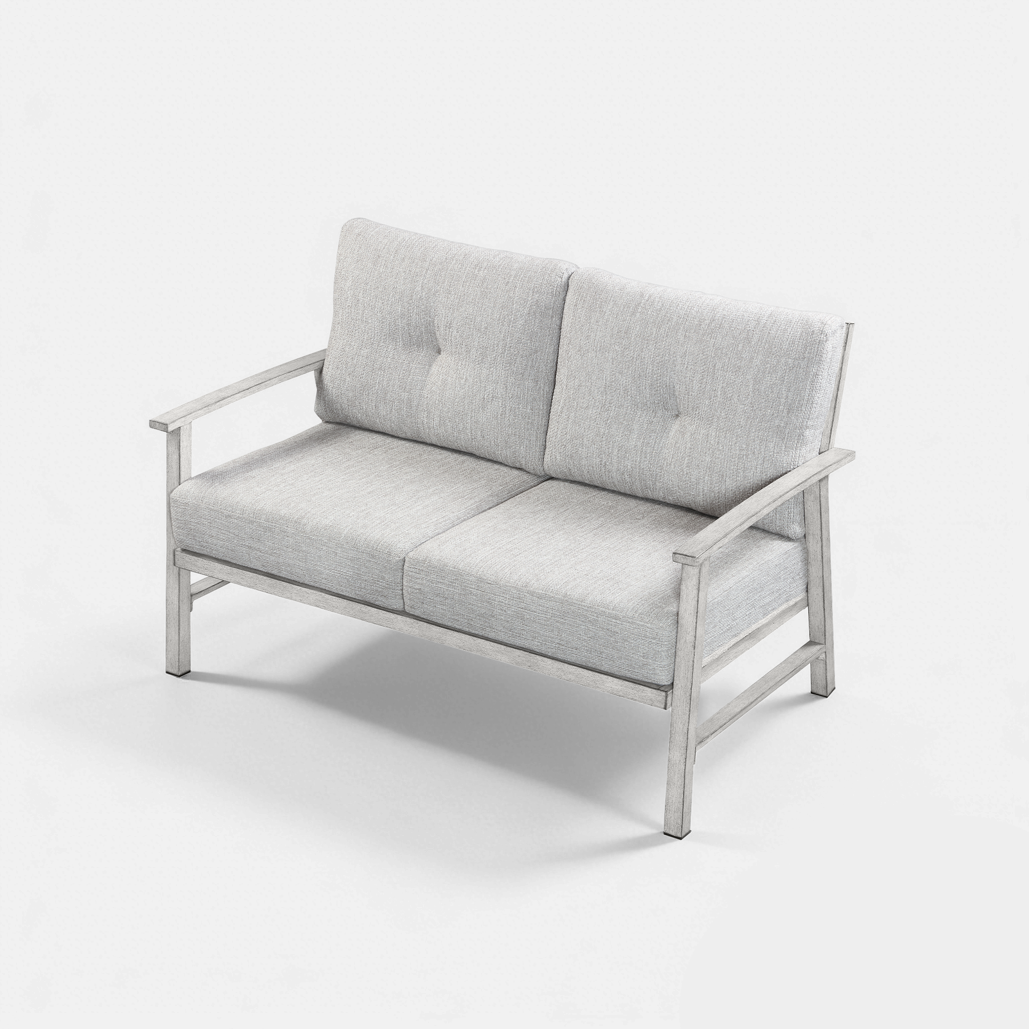 Gray cushioned patio loveseat sofa with metal frame on white background-Seehill
