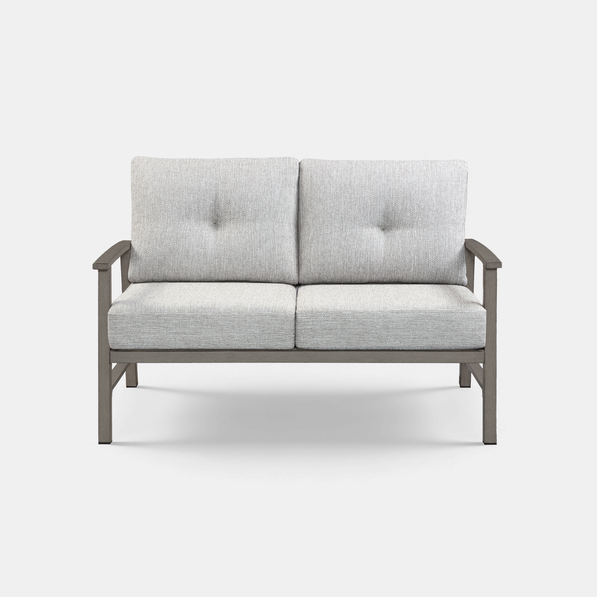Gray cushioned patio loveseat sofa with metal frame and armrests on white background-Seehill