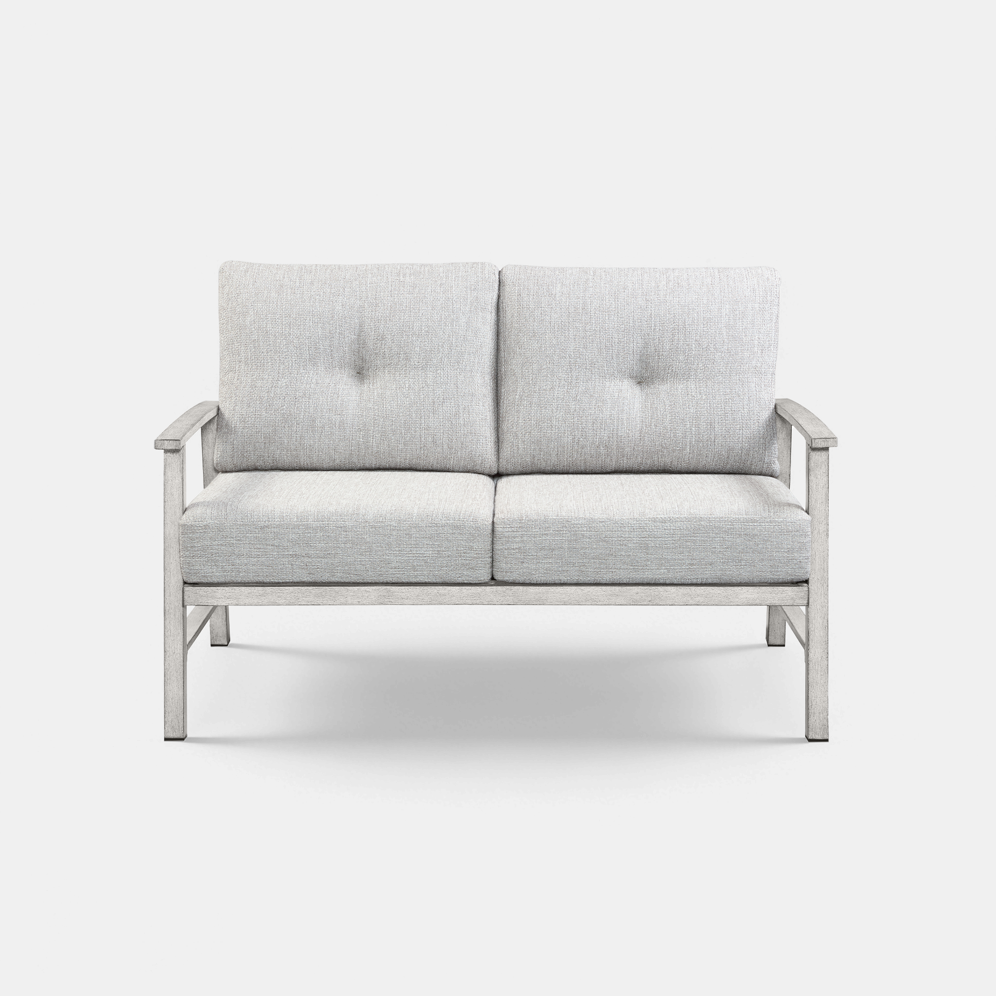 Gray cushioned patio loveseat sofa with wooden frame and armrests on white background-Seehill