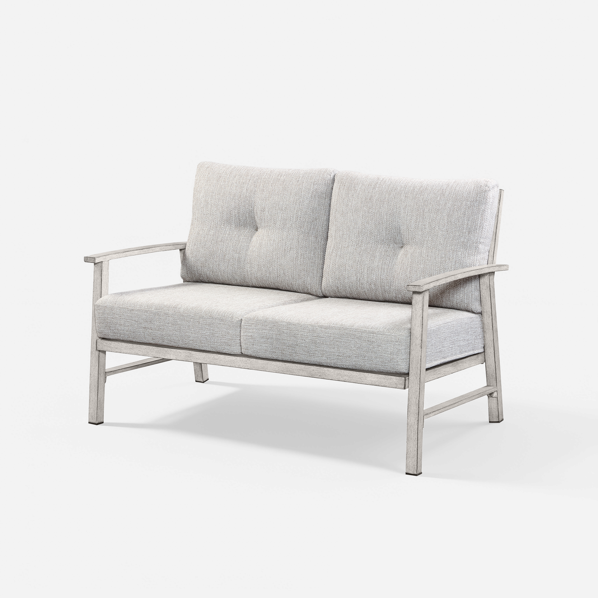 Outdoor loveseat sofa with light gray cushions and wooden frame on white background-Seehill