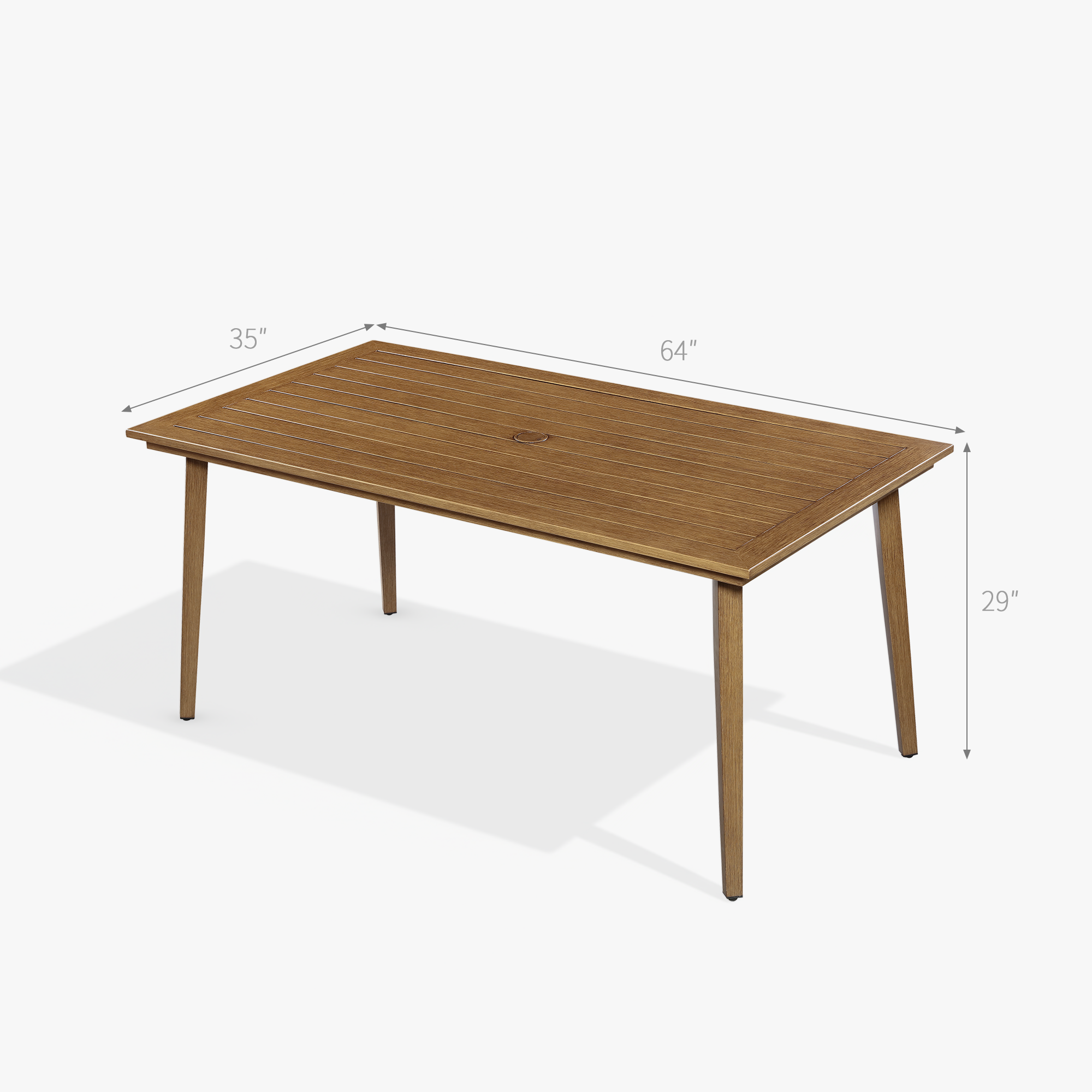 Experience the wooden outdoor dining table, x inches, with a slatted top and modern design in our opulent collection. - Seehill
