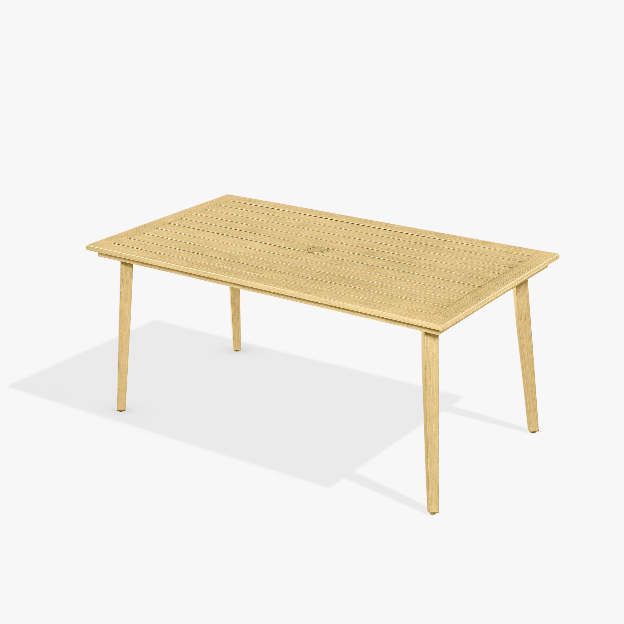 An artistic Person Outdoor Dining Table Aluminum Umbrella Hole All Weather design with modern wooden elements. - Seehill