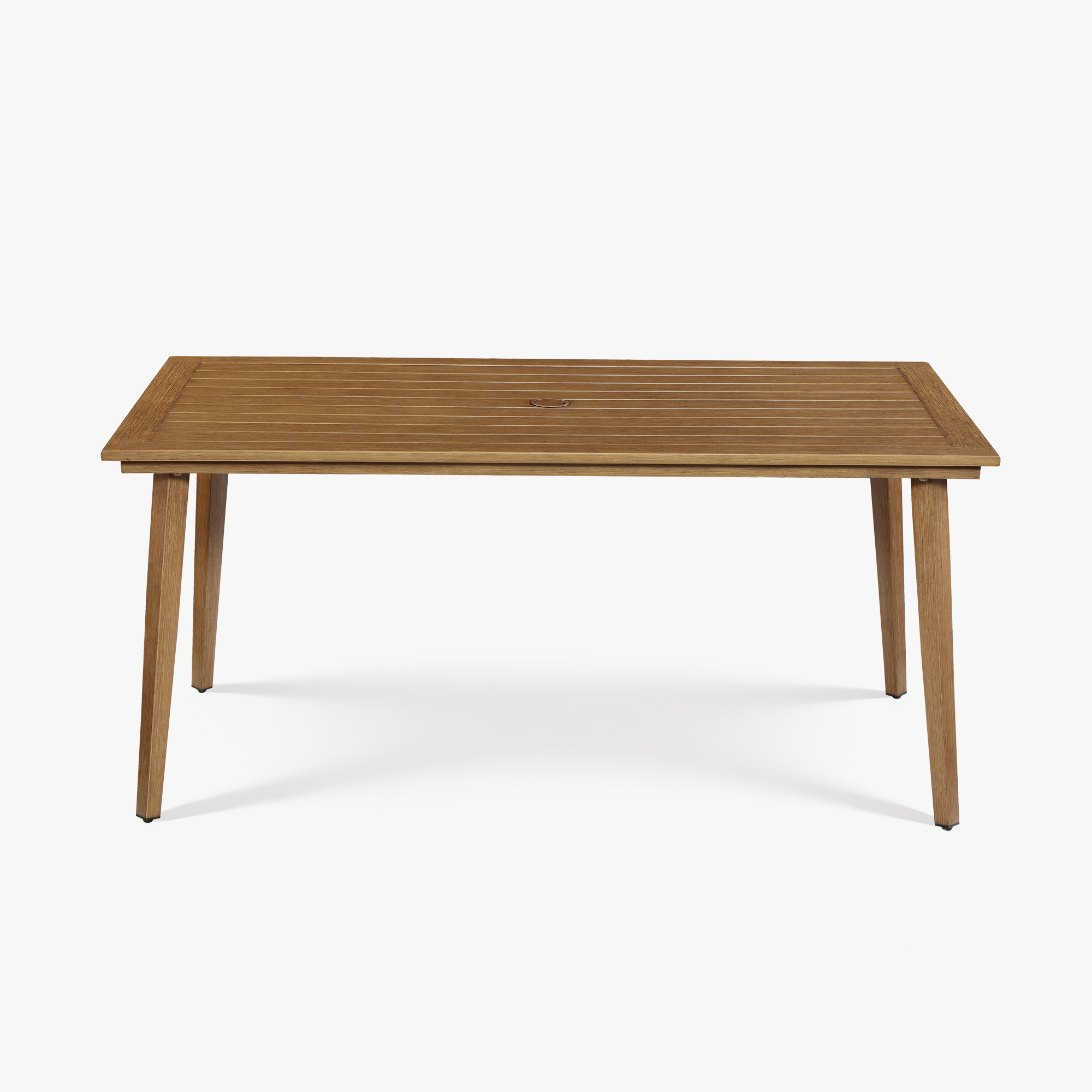 Explore the modern wooden dining table with sleek design and slatted top from the graceful Piece patio collection. - Seehill