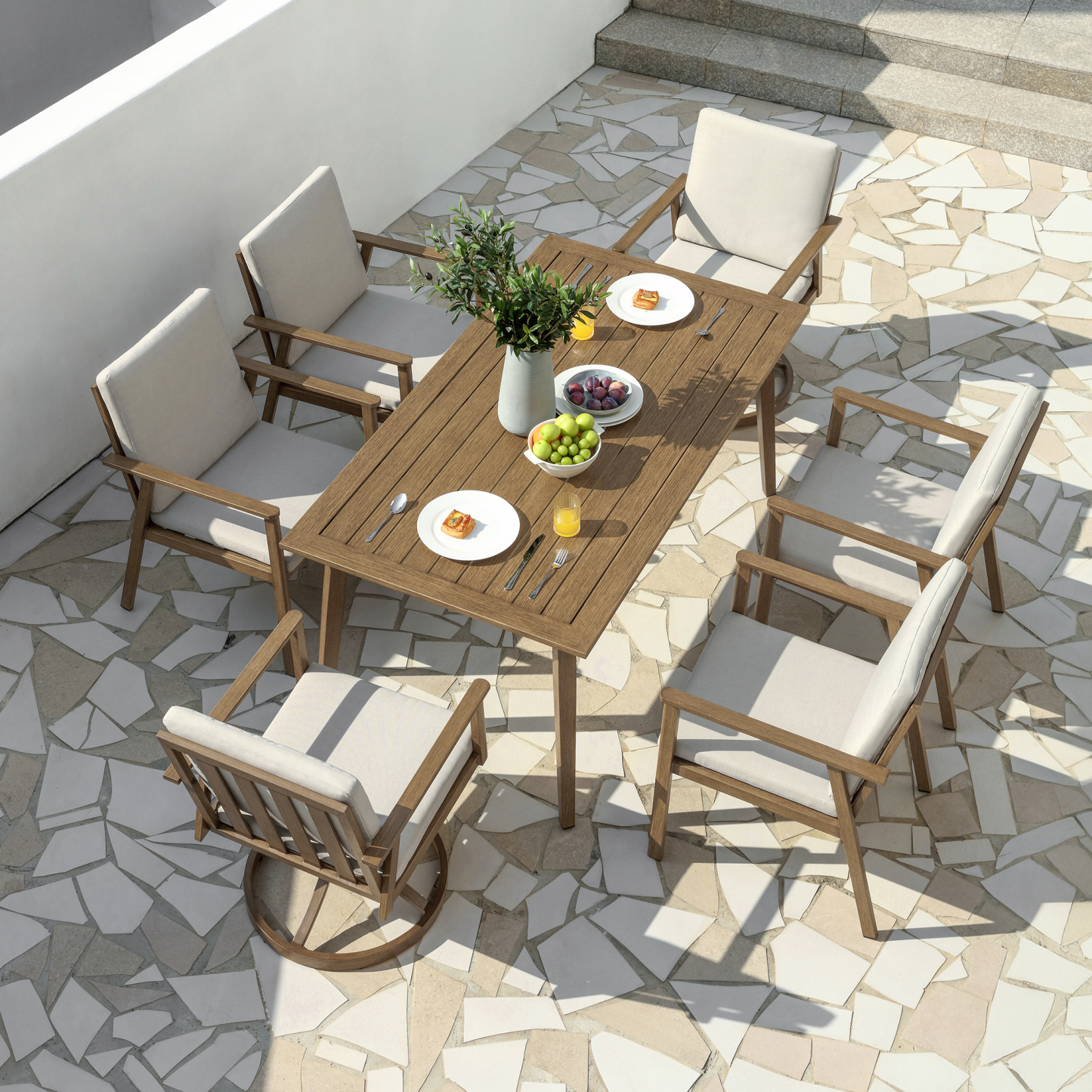 Modern outdoor dining set with wooden table, six cushioned chairs - Seehill