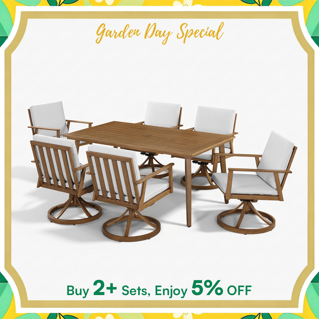 7-Piece Outdoor Patio Dining Set Aluminum All-Weather 8 Swivel Chairs 360° Umbrella Hole-DS005-2