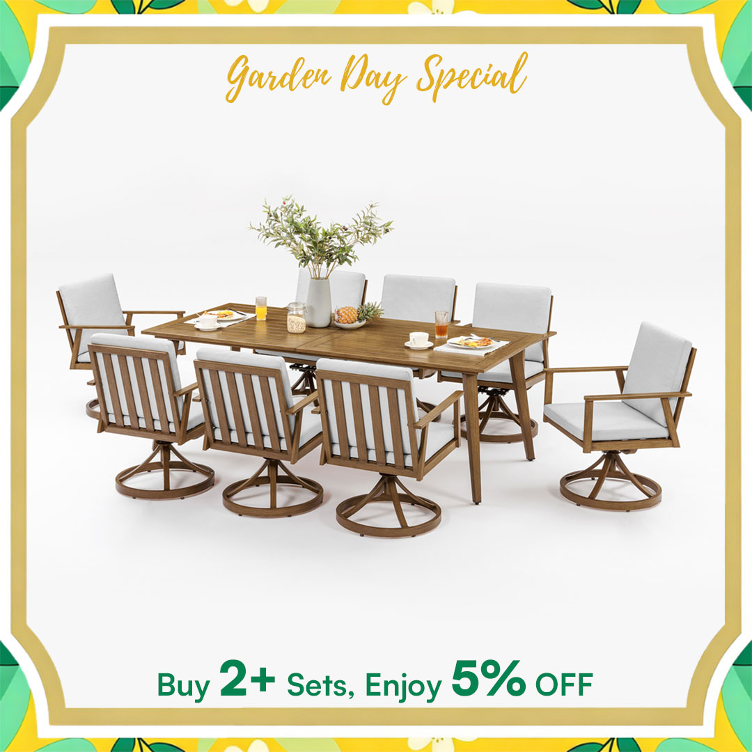 9-Piece Outdoor Patio Dining Set, All-Weather Aluminum Furniture with Umbrella Hole with 8 Swivel Chairs-DS006-2