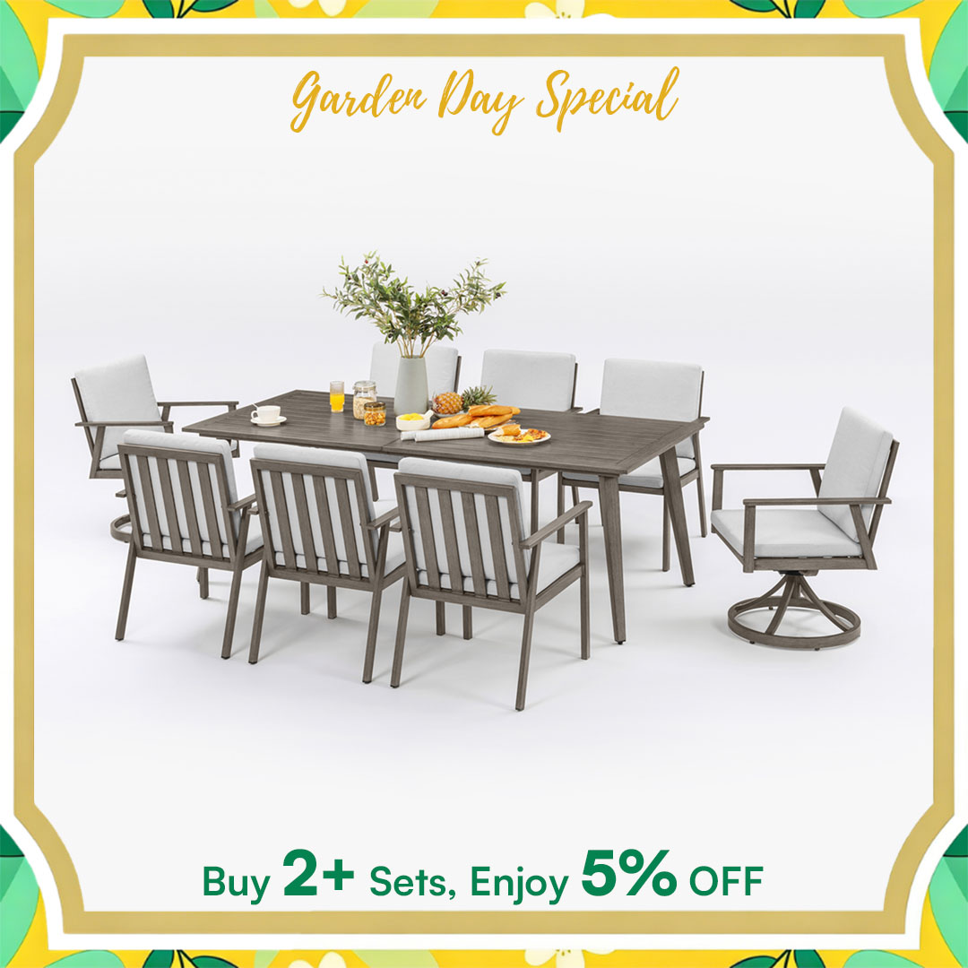 9-Piece Outdoor Patio Dining Set, All-Weather Aluminum Furniture with Umbrella Hole with 2 Swivel Chairs, 4 Dining Chairs-DS006-3