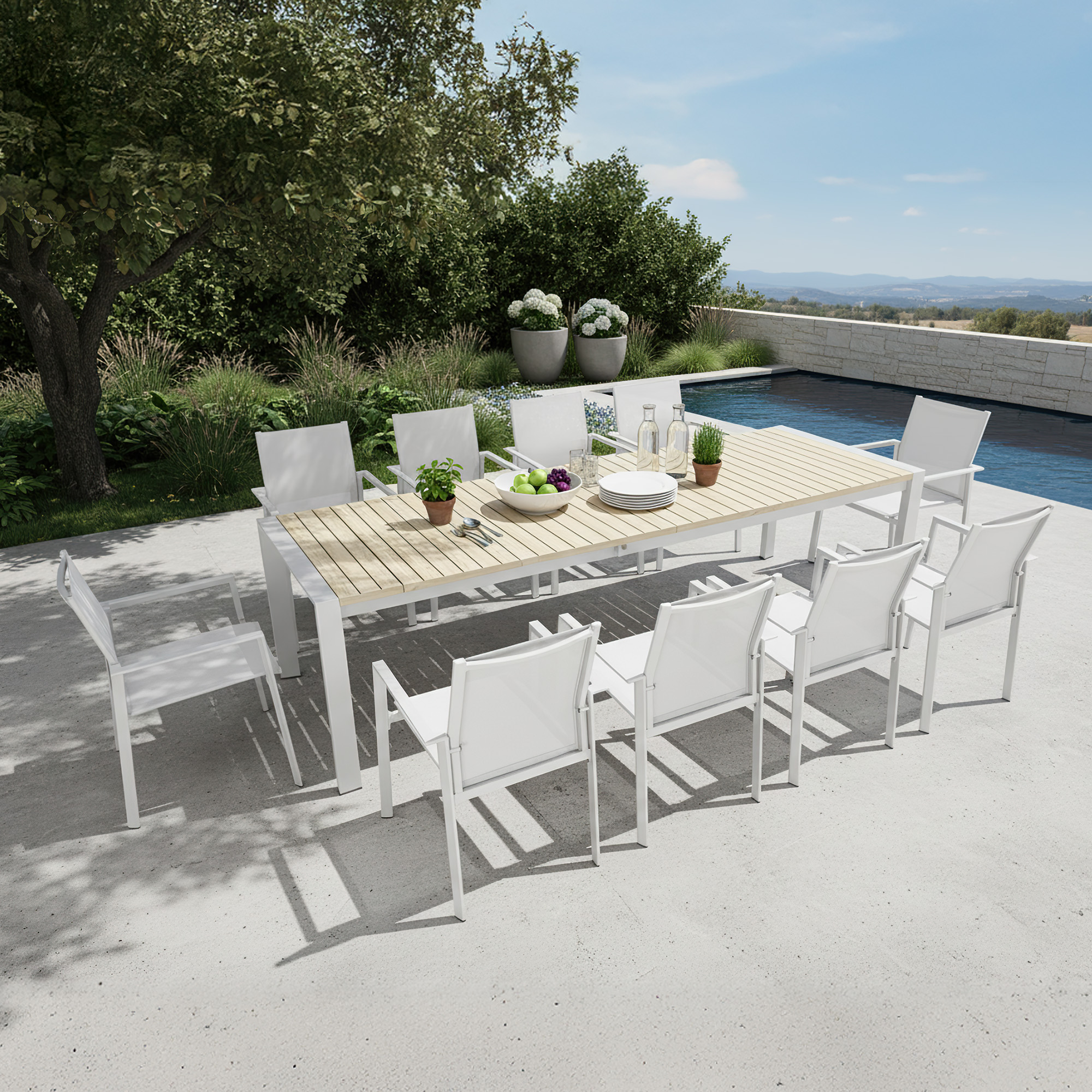 Highlighting the modern white aluminum patio set with light wood top table of this refined piece. - Seehill