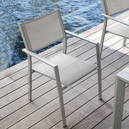 Modern outdoor chair with mesh seat and back, silver frame - Seehill