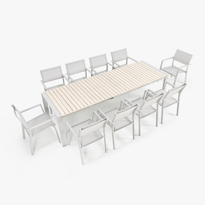 Experience the modern outdoor dining set with a white metal frame and light wood slat table in our collection. - Seehill