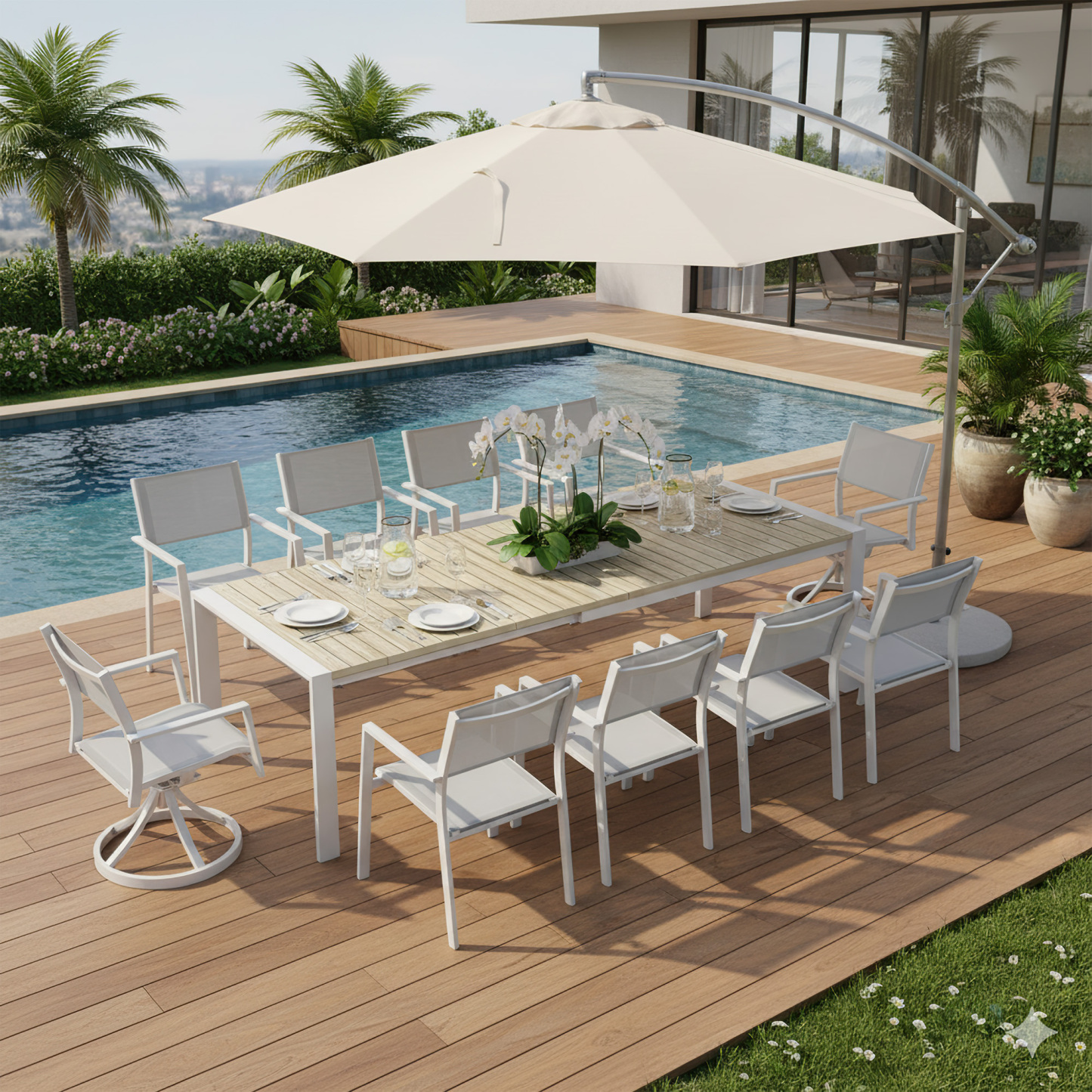 Modern outdoor dining set with umbrella near pool - Seehill