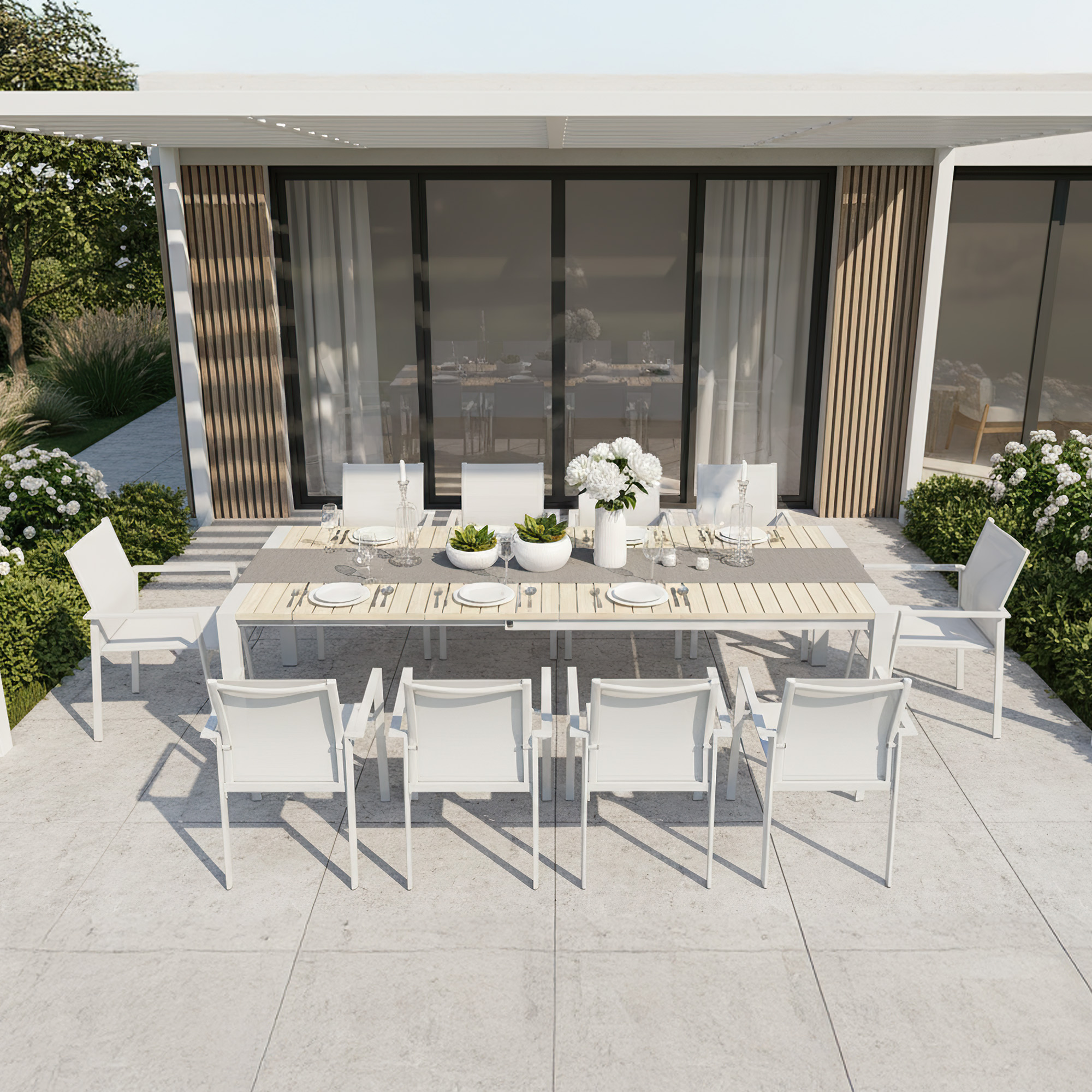 Modern outdoor dining set with white aluminum chairs - Seehill