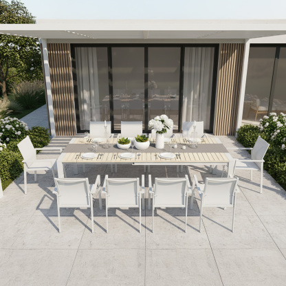 Modern outdoor dining set with white aluminum chairs - Seehill