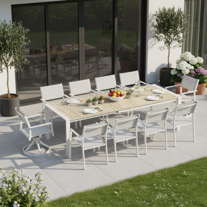 Modern outdoor dining set with wooden table and white chairs - Seehill