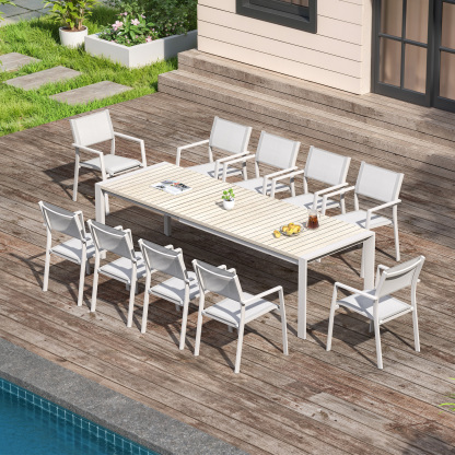 White outdoor dining set with 10 chairs and wooden table on deck - Seehill