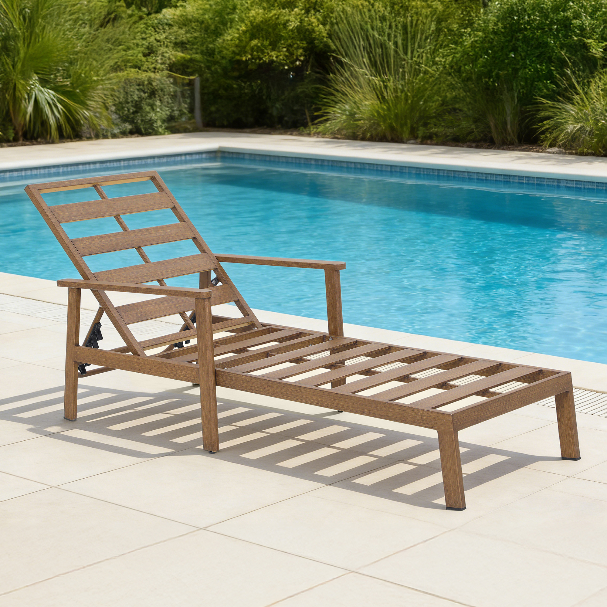 Outdoor pool lounge chair with adjustable backrest and wood finish by the poolside-Seehill