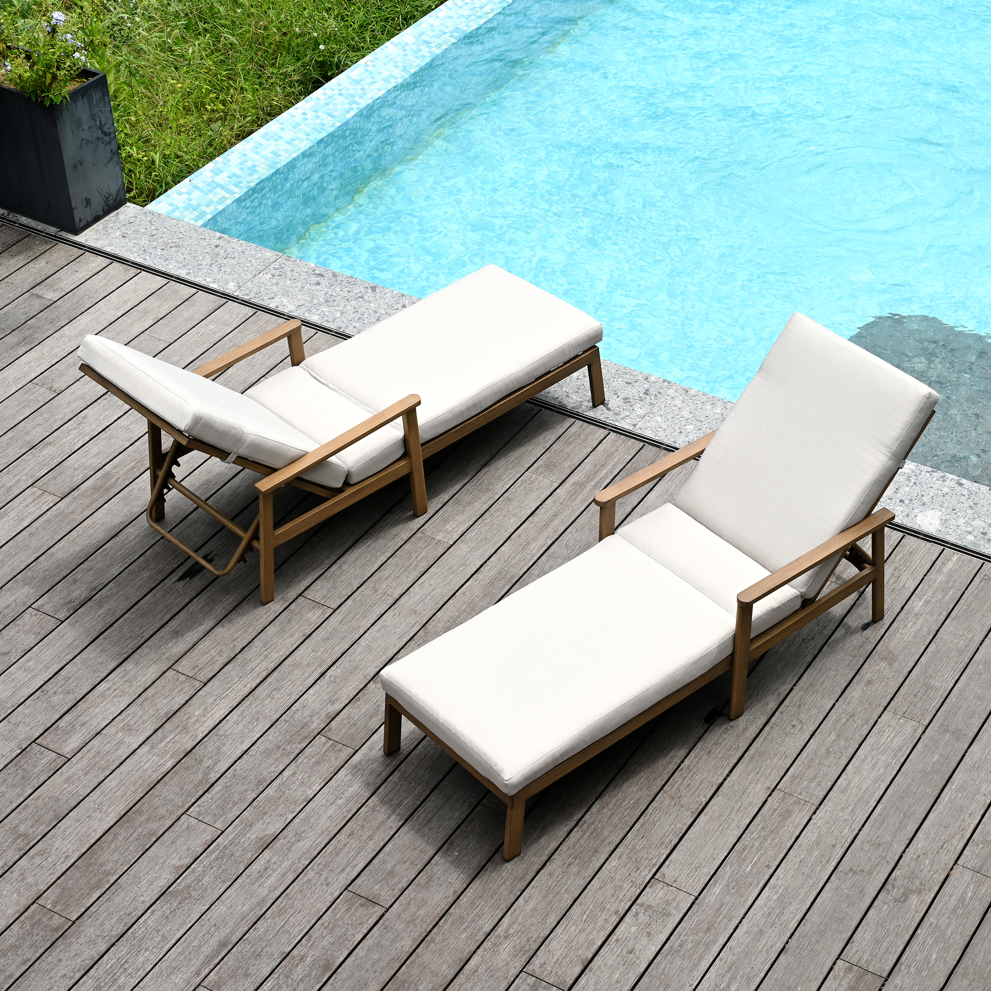 1-2 Piece Aluminum Outdoor Pool Lounge Chairs Square Side Table Thick Cushions 6-Position Adjustable Backrest-L007B